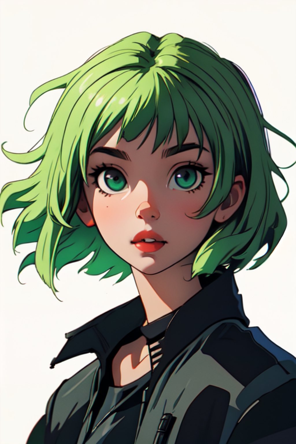 Megpoid Gumi ((short green hair)), ((black jacket)), portrait, good proportions, stunning body, good hands, deep shadows in the eyes, draw by SAM YANG