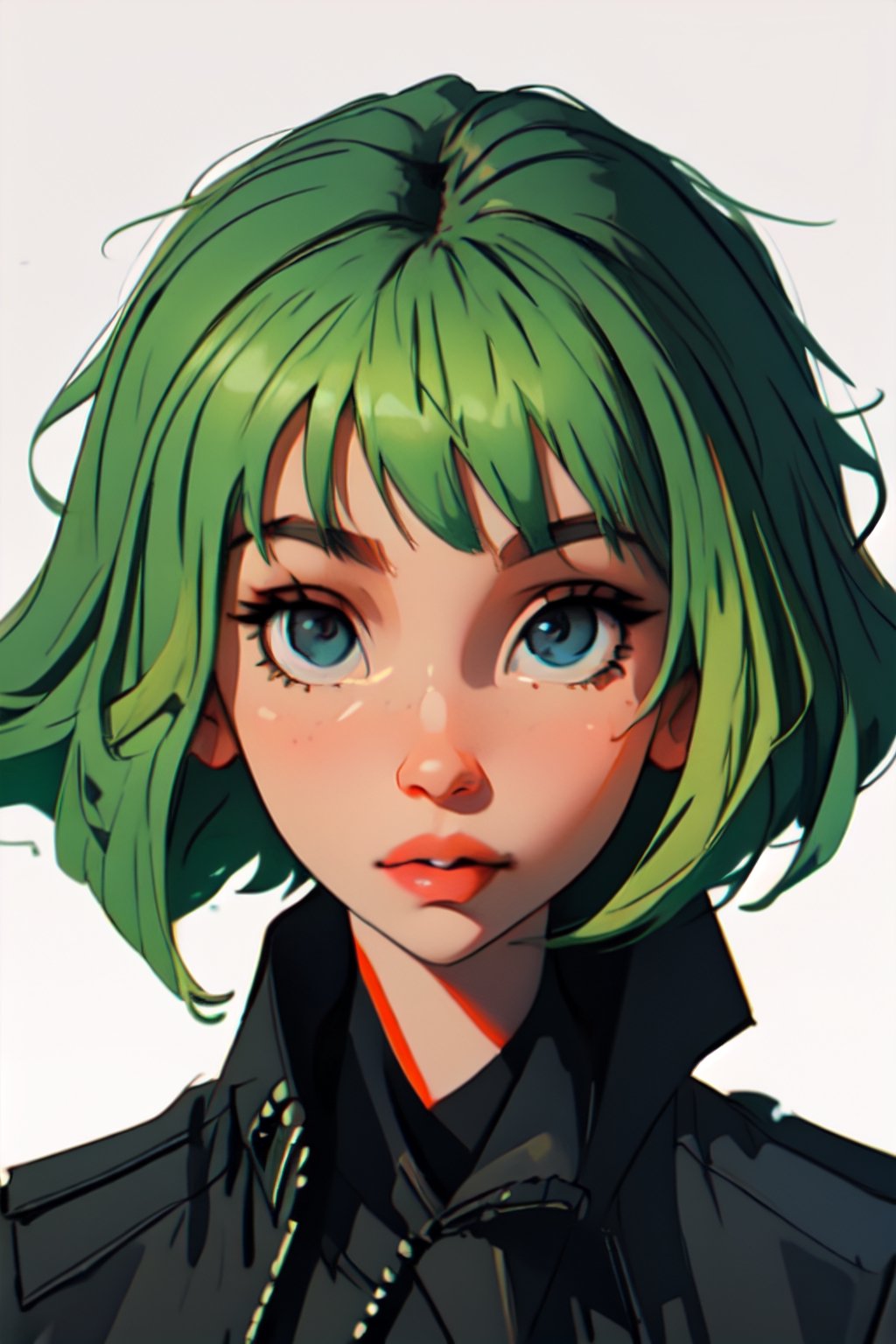 Megpoid Gumi ((short green hair)), ((black jacket)), portrait, good proportions, stunning body, good hands, deep shadows in the eyes, draw by SAM YANG