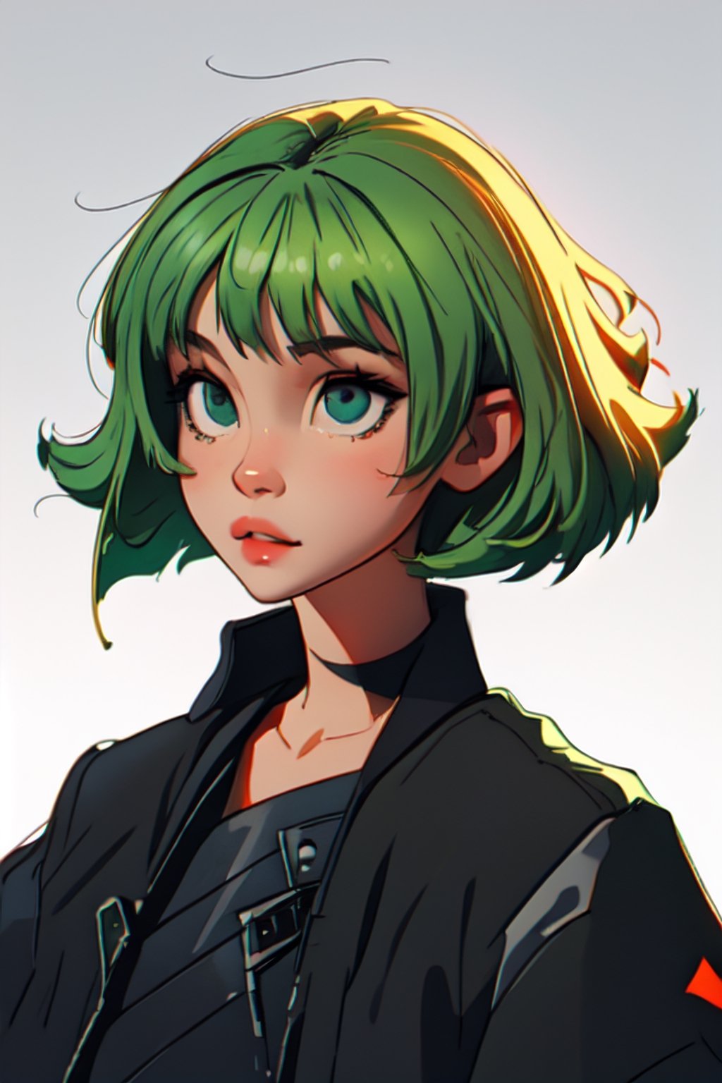 Megpoid Gumi ((short green hair)), ((black jacket)), portrait, good proportions, stunning body, good hands, deep shadows in the eyes, draw by SAM YANG