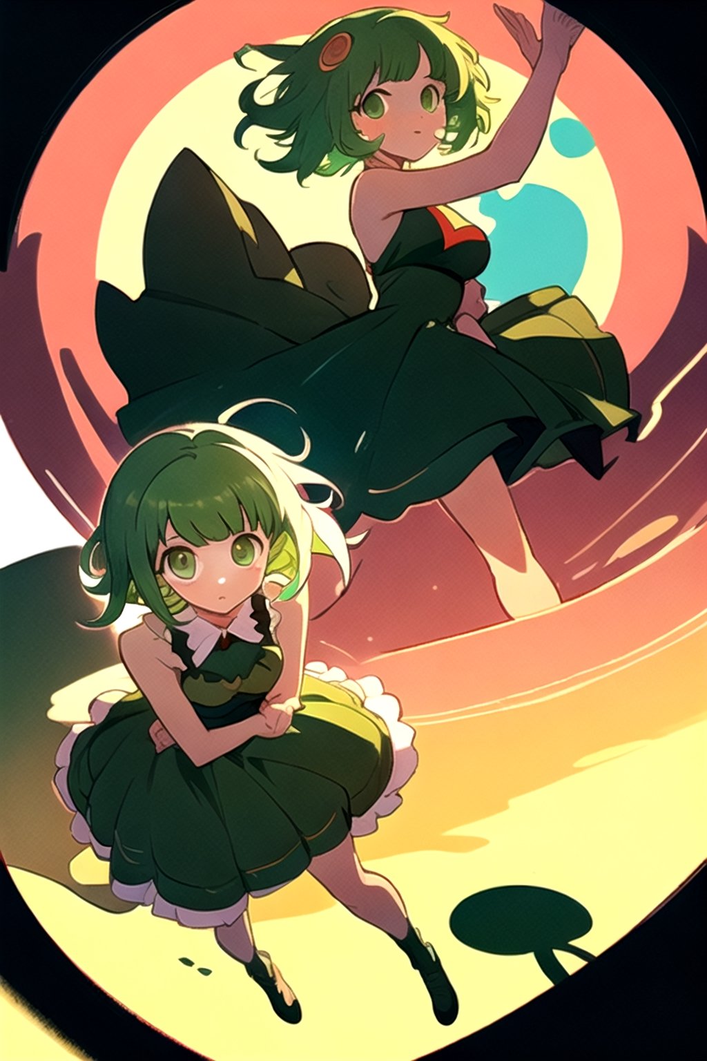 (best quality, masterpiece), soft lighting, dynamic upper angle, 1girl, Megpoid Gumi, beautiful short hair with two large bangs, beautiful detailed eyes, simple design, rounded boobs, upper view, green hair, green eyes, original detailed dress, cool pose, deep shadows in the eyes, cute face proportions,GUMI