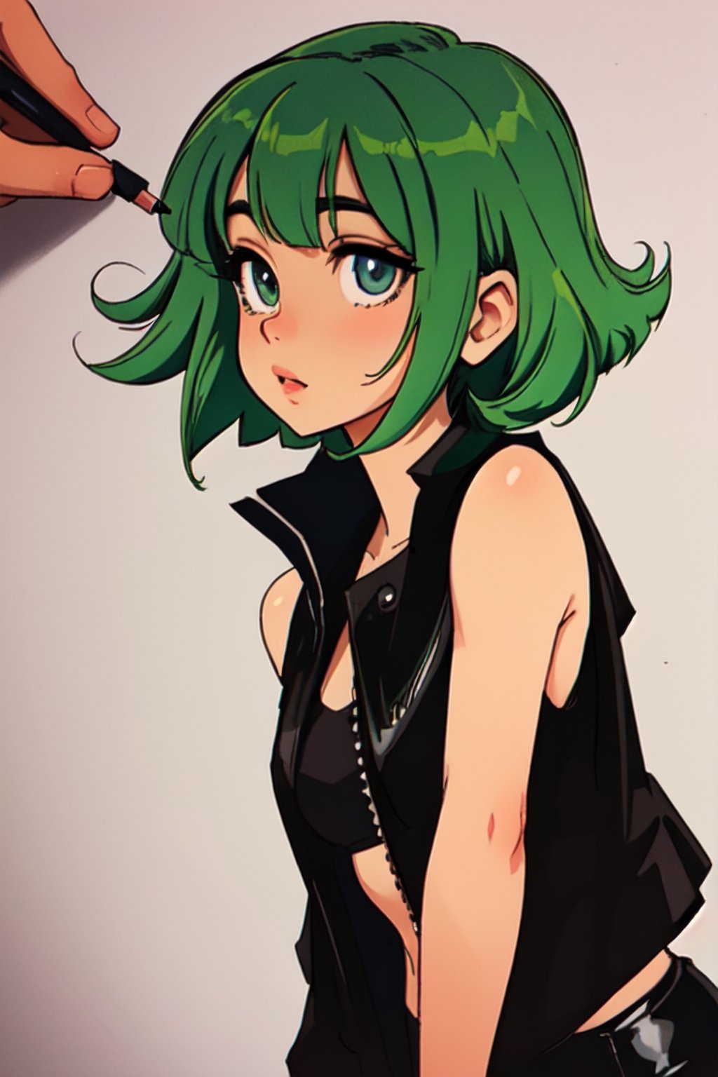 Megpoid Gumi ((short green hair)), ((black jacket)), portrait, good proportions, stunning body, good hands, deep shadows in the eyes, draw by SAM YANG