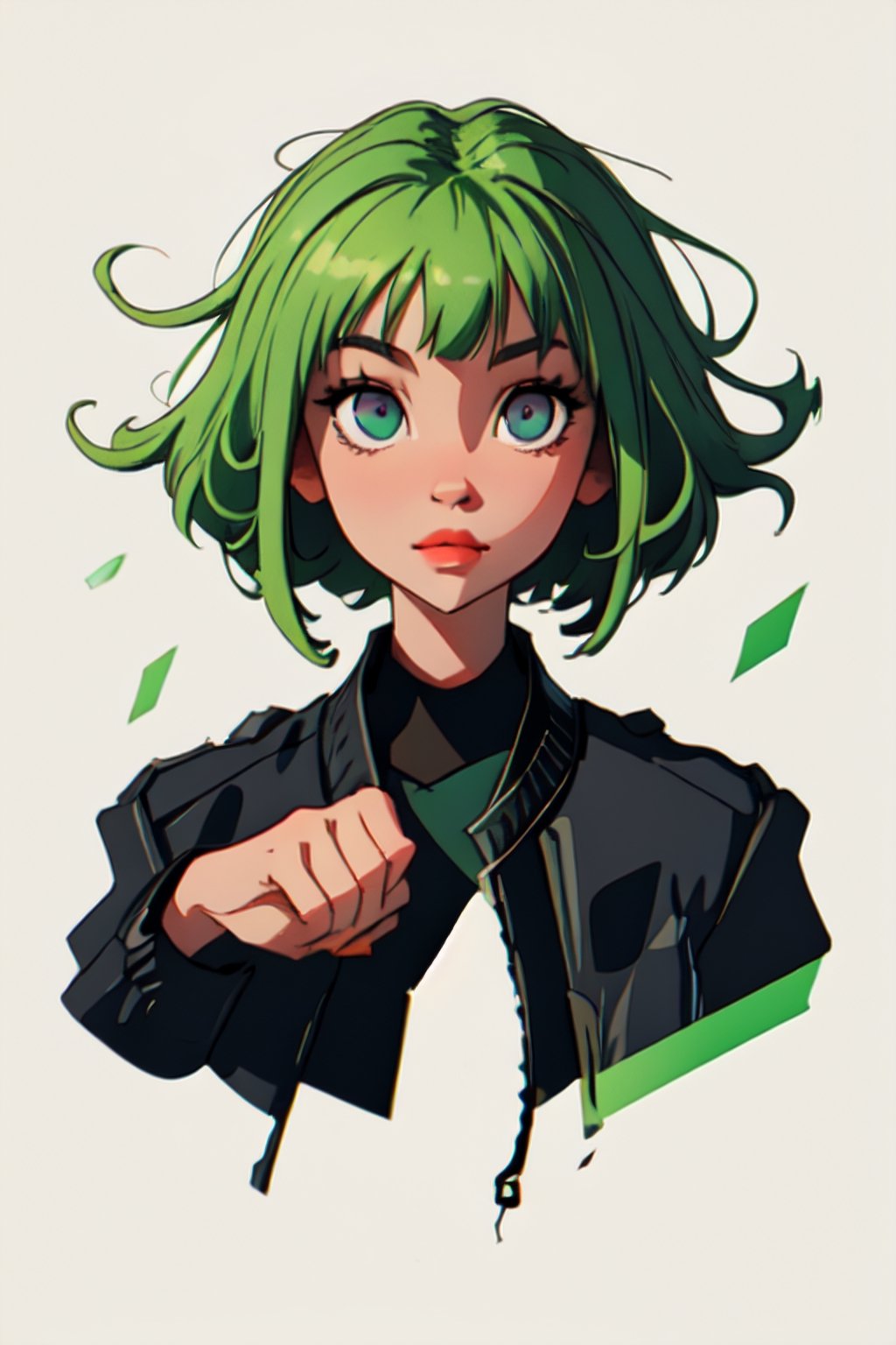 Megpoid Gumi ((short green hair)), ((black jacket)), portrait, good proportions, stunning body, good hands, deep shadows in the eyes, draw by SAM YANG