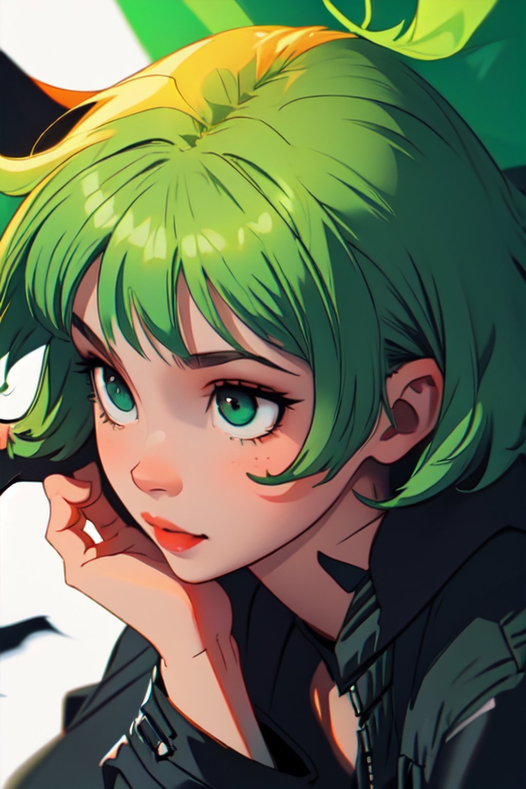 Megpoid Gumi ((short green hair)), ((black jacket)), portrait, good proportions, stunning body, good hands, deep shadows in the eyes, draw by SAM YANG