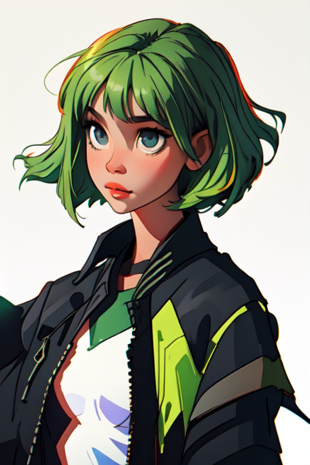 Megpoid Gumi ((short green hair)), ((black jacket)), portrait, good proportions, stunning body, good hands, deep shadows in the eyes, draw by SAM YANG