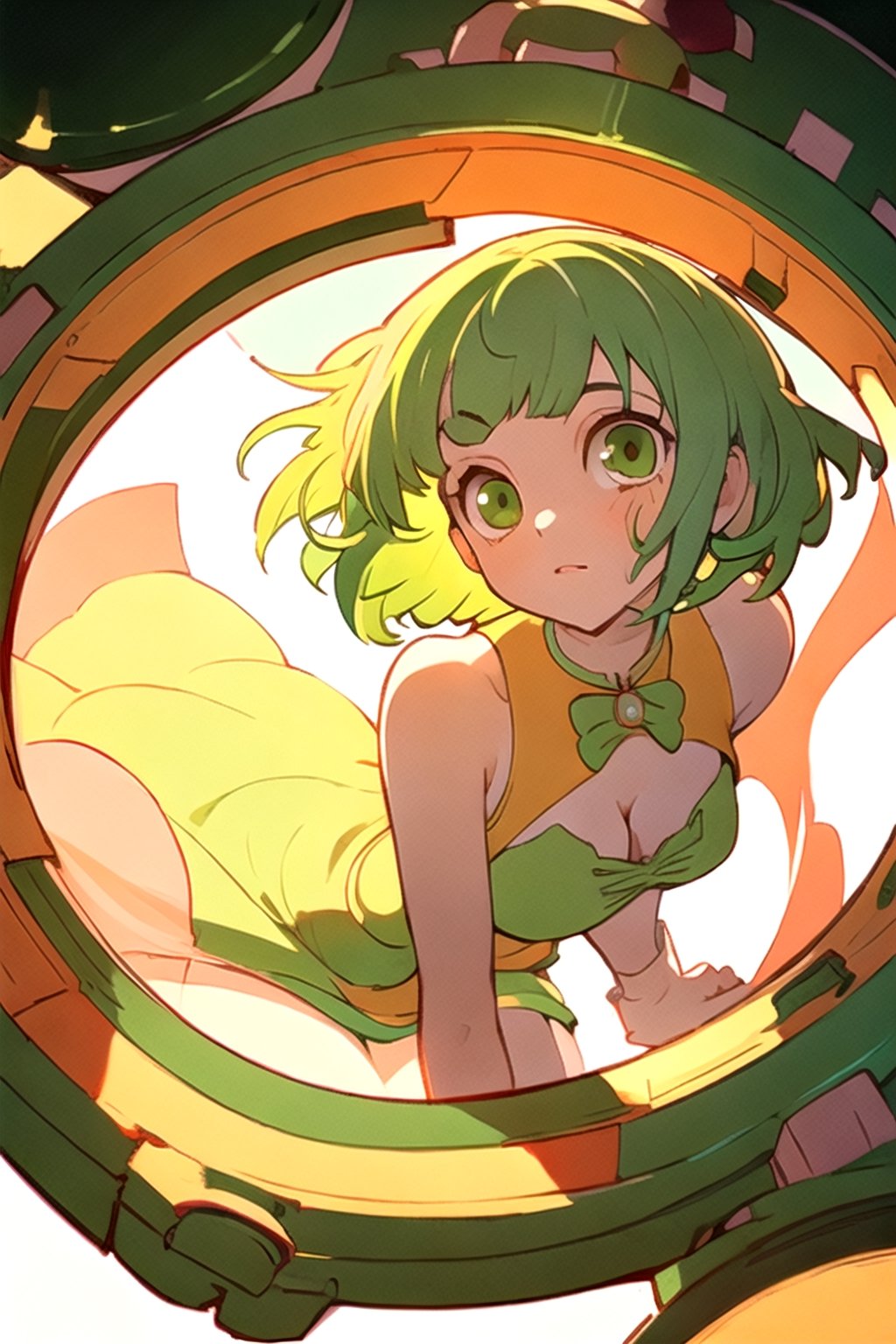 (best quality, masterpiece), soft lighting, dynamic upper angle, 1girl, Megpoid Gumi, beautiful short hair with two large bangs, beautiful detailed eyes, simple design, rounded boobs, upper view, green hair, green eyes, original detailed dress, cool pose, deep shadows in the eyes, cute face proportions,GUMI