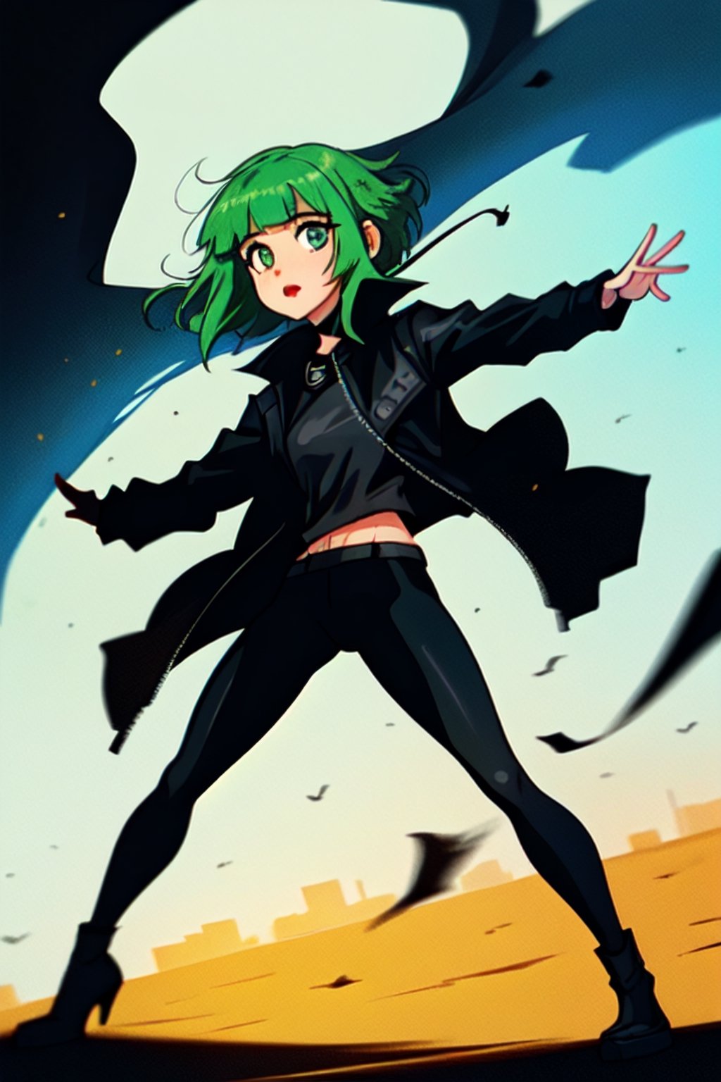 Megpoid Gumi ((short green hair)), ((black jacket)), dynamic pose, cinematic angle, full body, good proportions, stunning body, good hands, deep shadows in the eyes