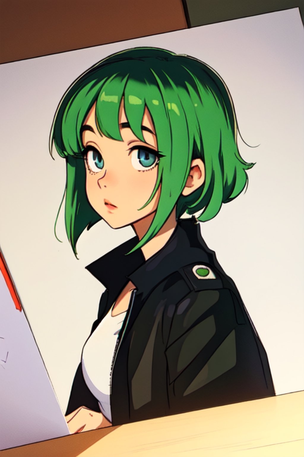 Megpoid Gumi ((short green hair)), ((black jacket)), portrait, good proportions, stunning body, good hands, deep shadows in the eyes, draw by SAM YANG