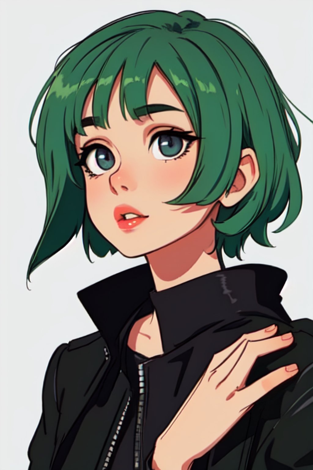 Megpoid Gumi ((short green hair)), ((black jacket)), portrait, good proportions, stunning body, good hands, deep shadows in the eyes, draw by SAM YANG