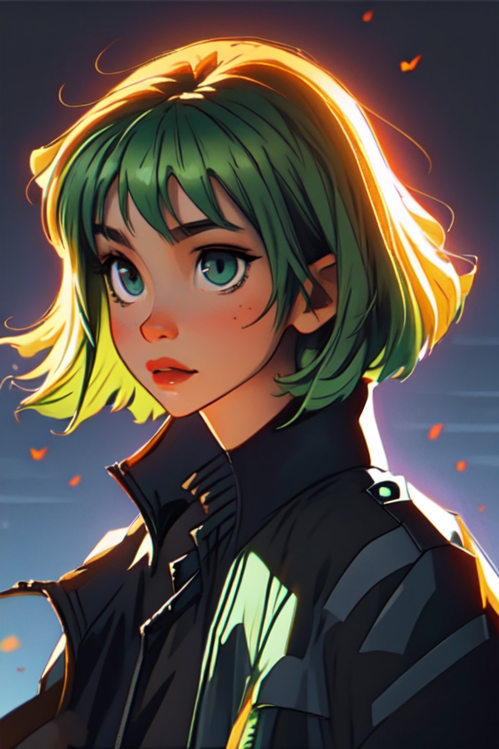 Megpoid Gumi ((short green hair)), ((black jacket)), portrait, good proportions, stunning body, good hands, deep shadows in the eyes, draw by SAM YANG