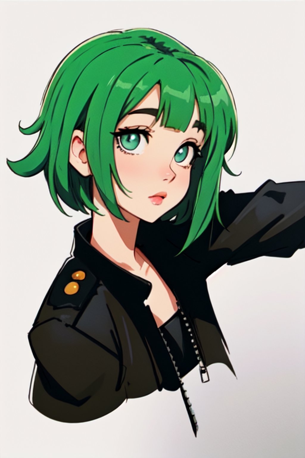 Megpoid Gumi ((short green hair)), ((black jacket)), portrait, good proportions, stunning body, good hands, deep shadows in the eyes, draw by SAM YANG