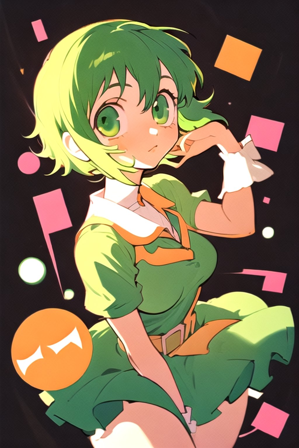 (best quality, masterpiece), soft lighting, dynamic upper angle, 1girl, Megpoid Gumi, beautiful short hair with two large bangs, beautiful detailed eyes, simple design, rounded boobs, upper view, green hair, green eyes, original detailed dress, cool pose, deep shadows in the eyes, cute face proportions,GUMI,Megpoid