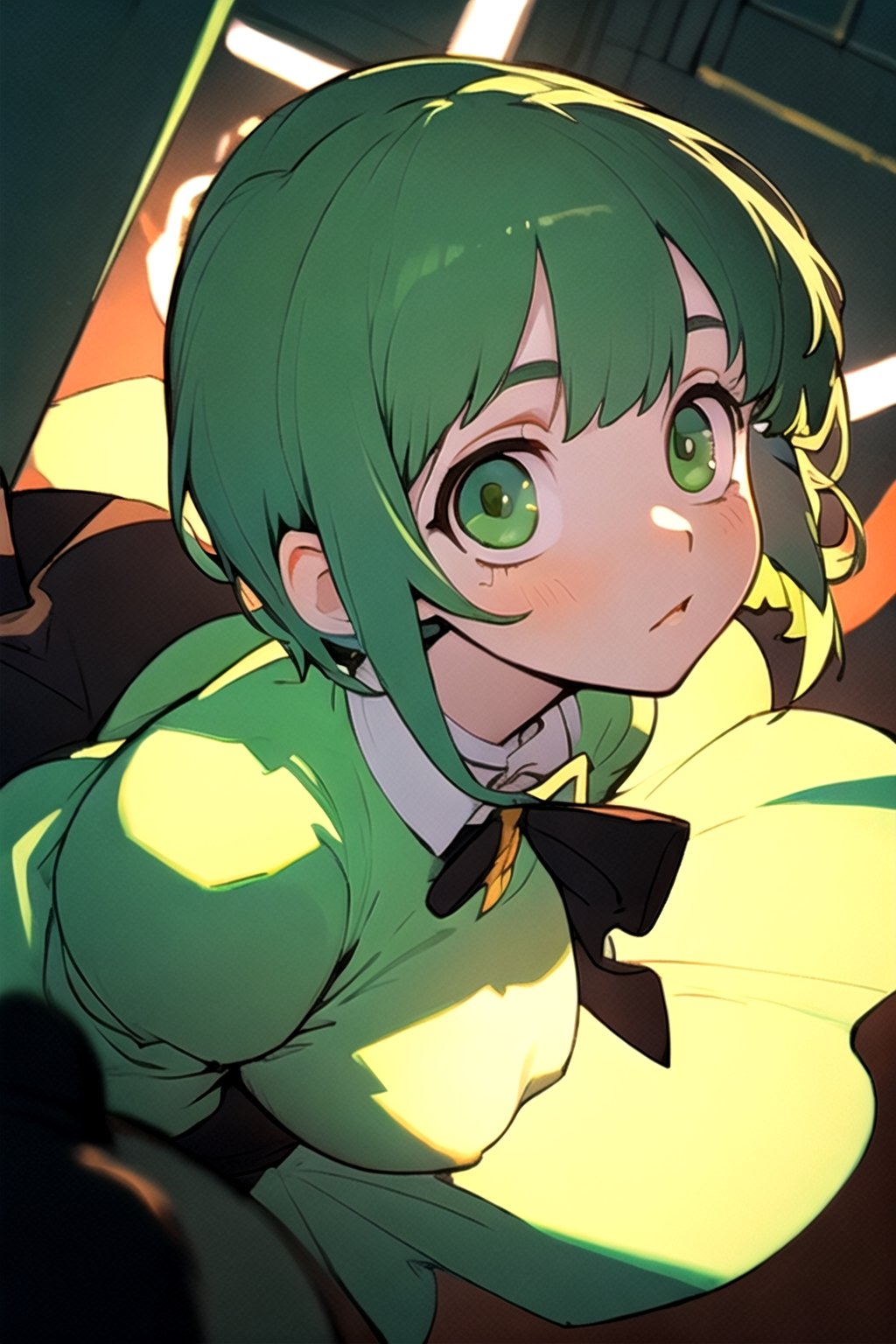 (best quality, masterpiece), soft lighting, dynamic upper angle, 1girl, Megpoid Gumi, beautiful short hair with two large bangs, beautiful detailed eyes, simple design, rounded boobs, upper view, green hair, green eyes, original detailed dress, cool pose, deep shadows in the eyes, cute face proportions