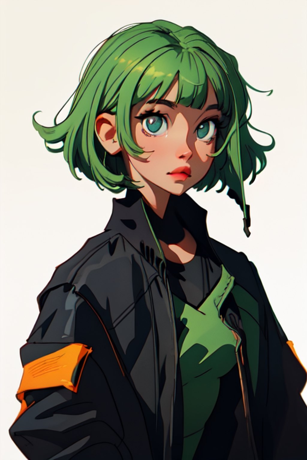 Megpoid Gumi ((short green hair)), ((black jacket)), portrait, good proportions, stunning body, good hands, deep shadows in the eyes, draw by SAM YANG