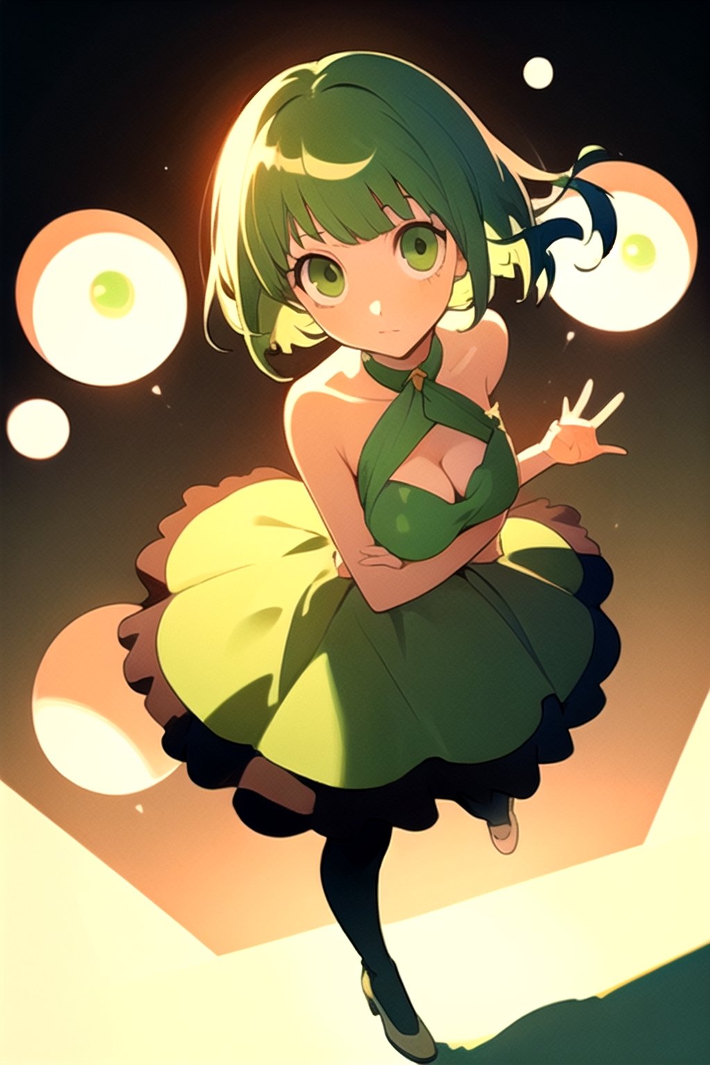 (best quality, masterpiece), soft lighting, dynamic upper angle, 1girl, Megpoid Gumi, beautiful short hair with two large bangs, beautiful detailed eyes, simple design, rounded boobs, upper view, green hair, green eyes, original detailed dress, cool pose, deep shadows in the eyes