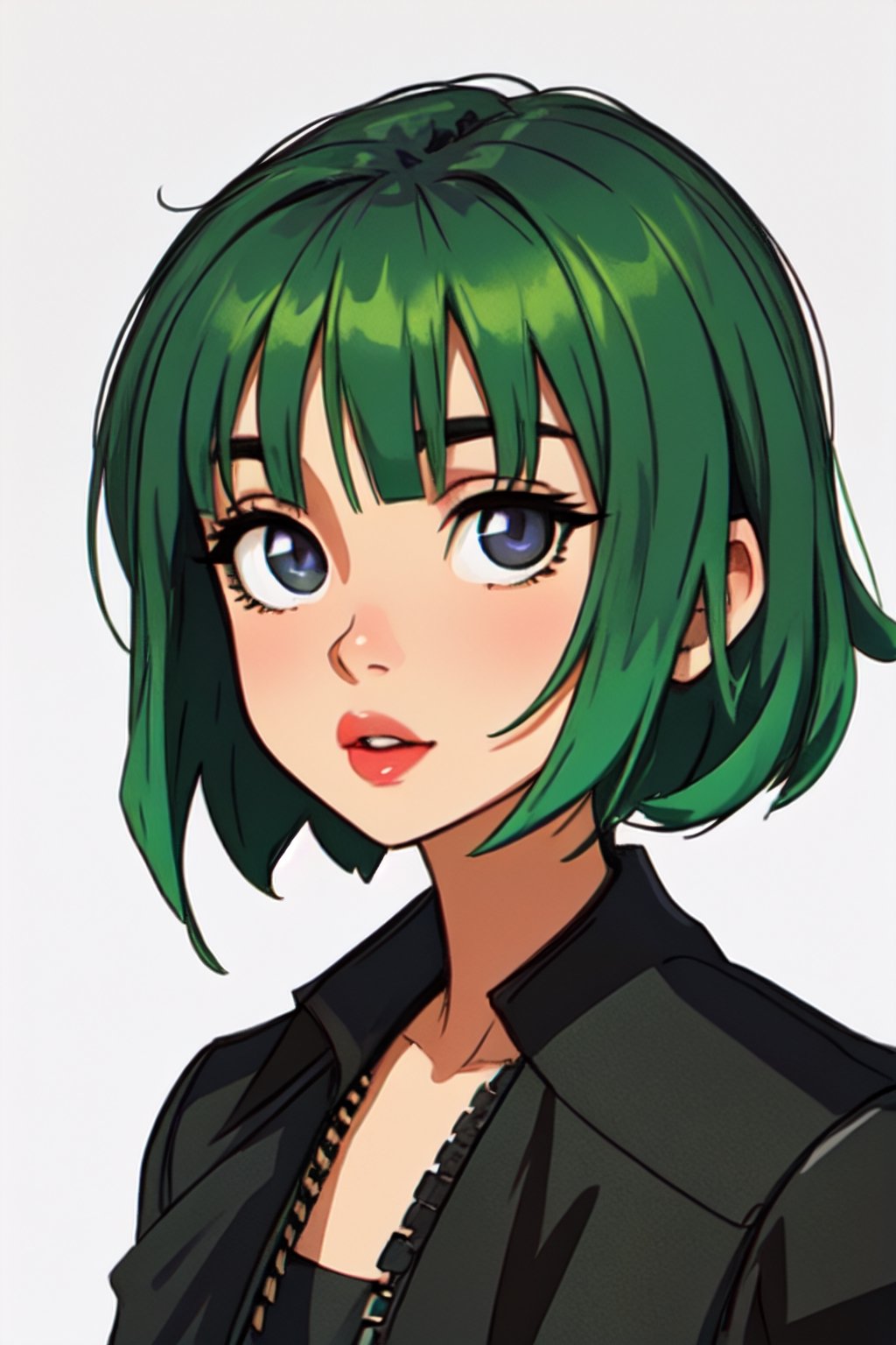 Megpoid Gumi ((short green hair)), ((black jacket)), portrait, good proportions, stunning body, good hands, deep shadows in the eyes, draw by SAM YANG