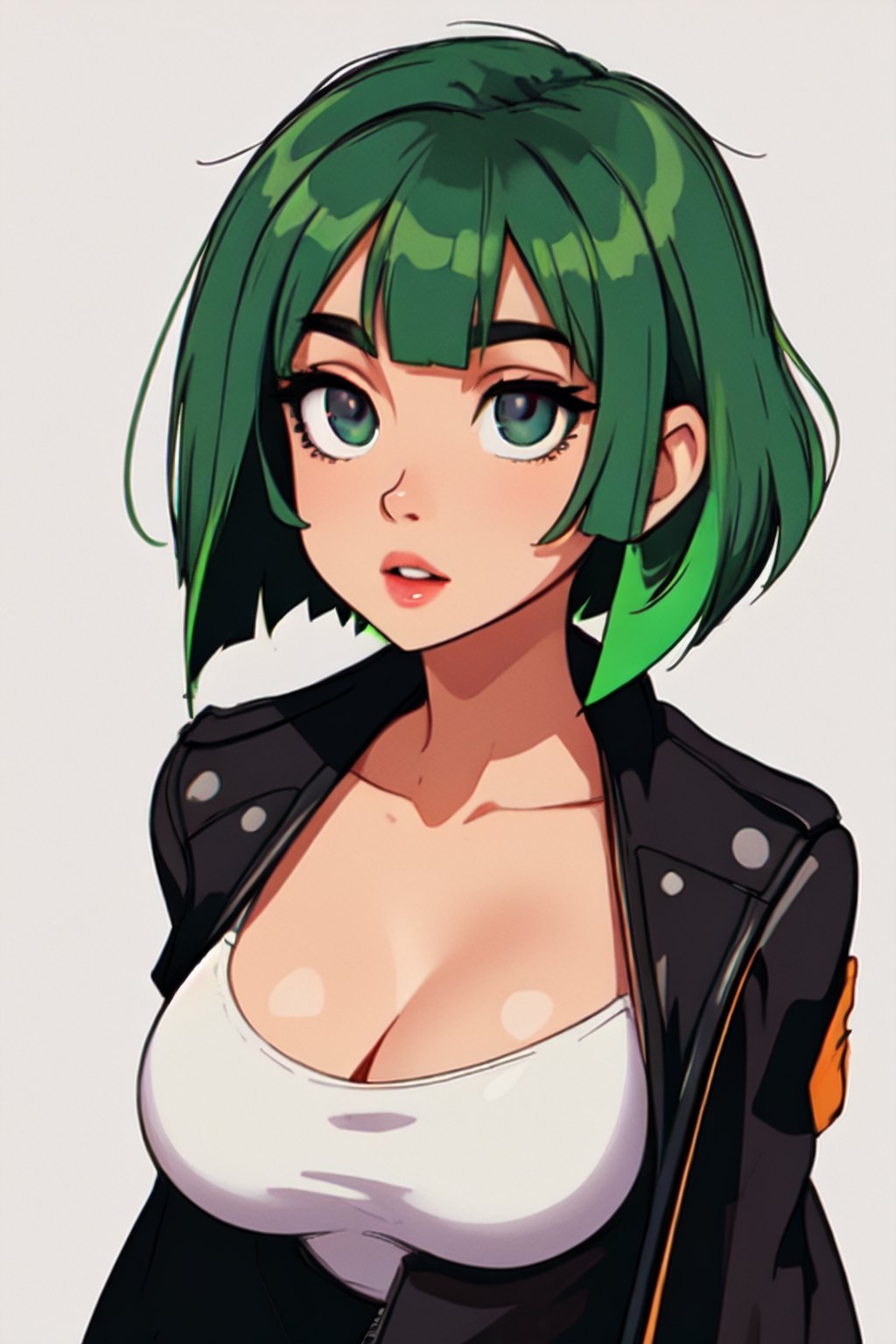 Megpoid Gumi ((short green hair)), ((black jacket)), portrait, good proportions, stunning body, good hands, deep shadows in the eyes, draw by SAM YANG