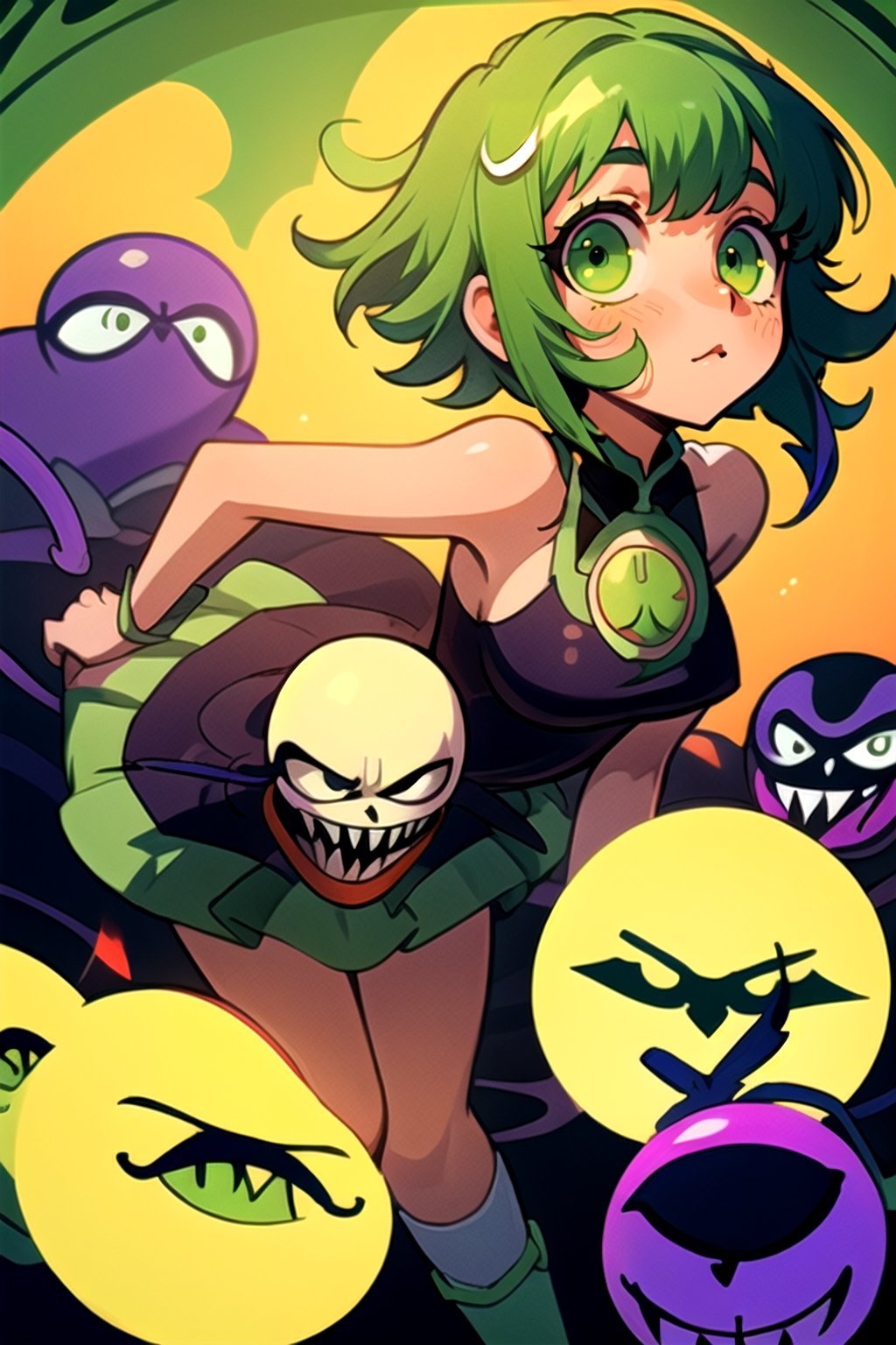 (best quality, masterpiece), soft lighting, dynamic lower angle, 1girl, solo girl, Megpoid Gumi, beautiful short hair with two large bangs, beautiful detailed eyes, simple design, rounded boobs, lower view, green hair, green eyes, (Venom toxic purple design dress), fantasy poison effect, dangerous pose, dark ambient, deep shadows in the eyes, cute face proportions, shape language, GUMI