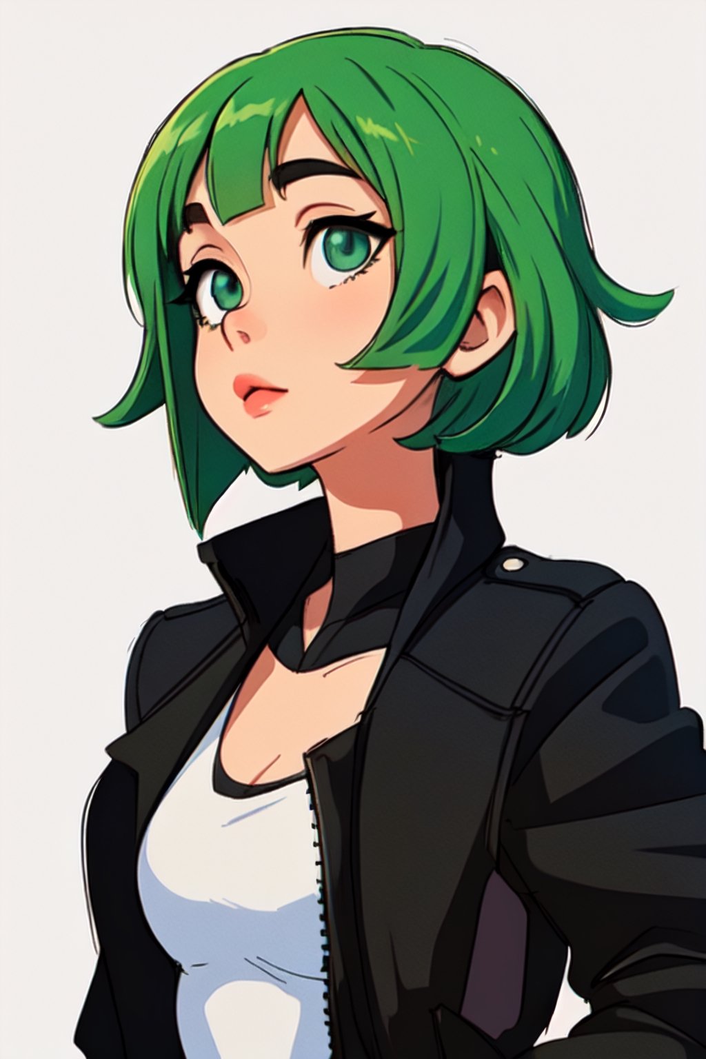 Megpoid Gumi ((short green hair)), ((black jacket)), portrait, good proportions, stunning body, good hands, deep shadows in the eyes, draw by SAM YANG