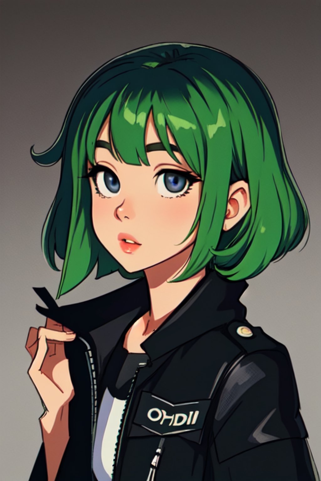 Megpoid Gumi ((short green hair)), ((black jacket)), portrait, good proportions, stunning body, good hands, deep shadows in the eyes, draw by SAM YANG