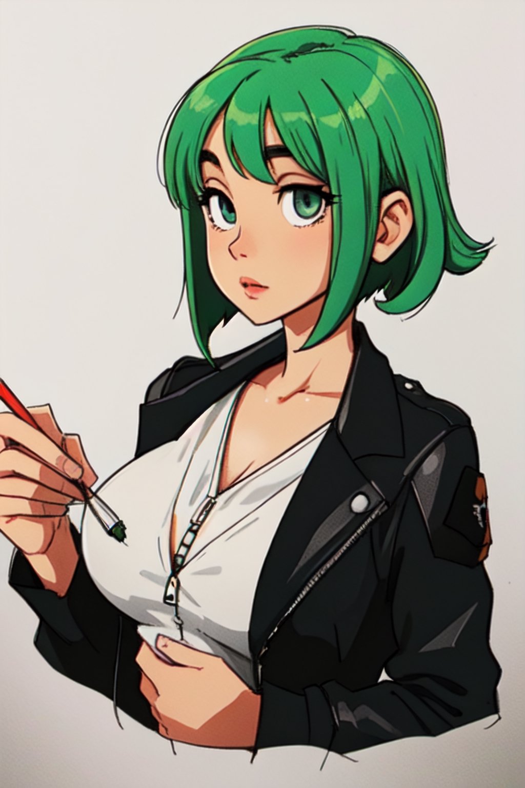 Megpoid Gumi ((short green hair)), ((black jacket)), portrait, good proportions, stunning body, good hands, deep shadows in the eyes, draw by SAM YANG