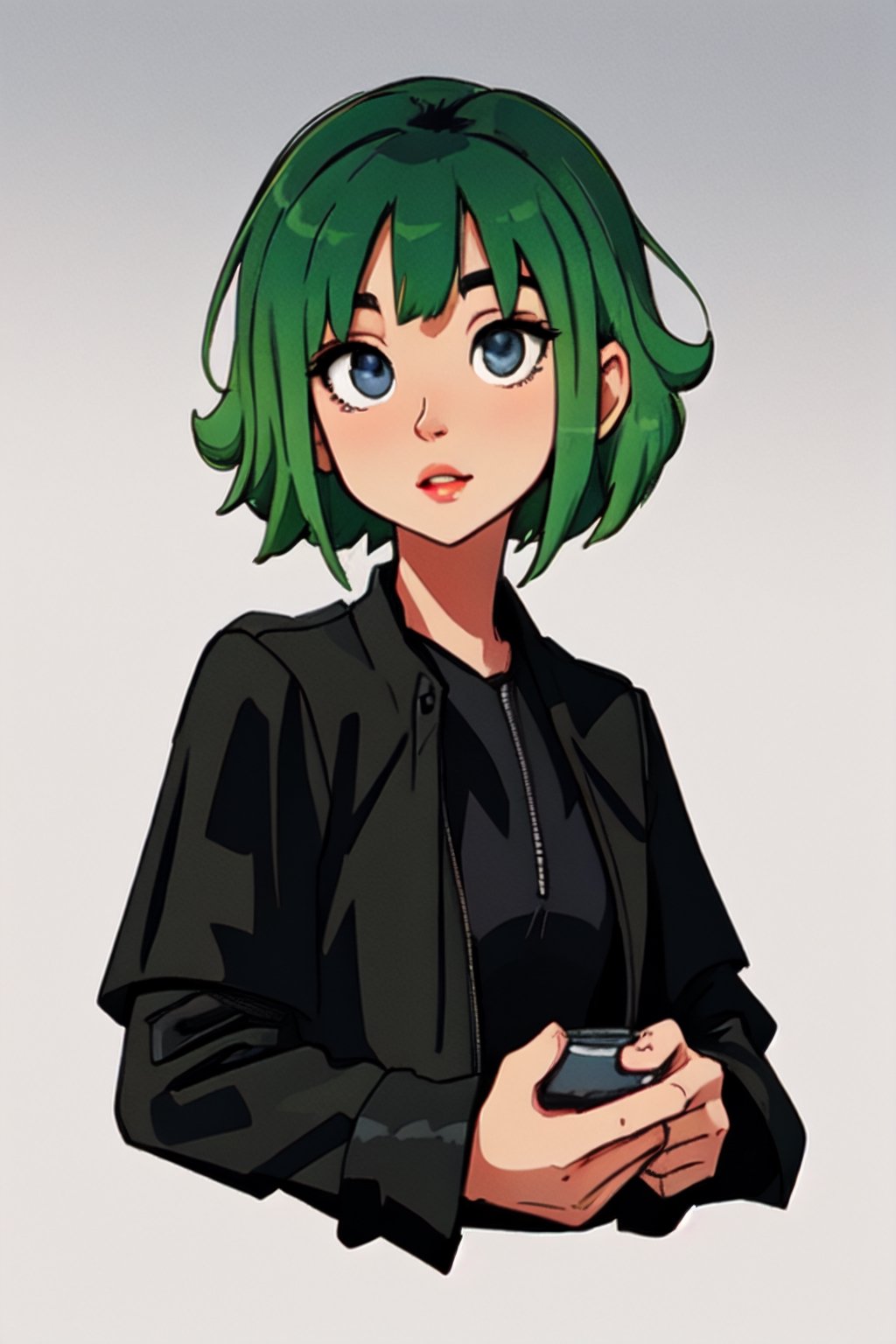 Megpoid Gumi ((short green hair)), ((black jacket)), portrait, good proportions, stunning body, good hands, deep shadows in the eyes, draw by SAM YANG