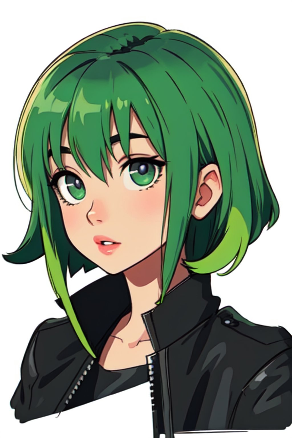 Megpoid Gumi ((short green hair)), ((black jacket)), portrait, good proportions, stunning body, good hands, deep shadows in the eyes, draw by SAM YANG