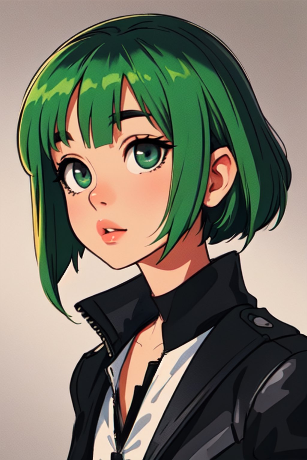 Megpoid Gumi ((short green hair)), ((black jacket)), portrait, good proportions, stunning body, good hands, deep shadows in the eyes, draw by SAM YANG