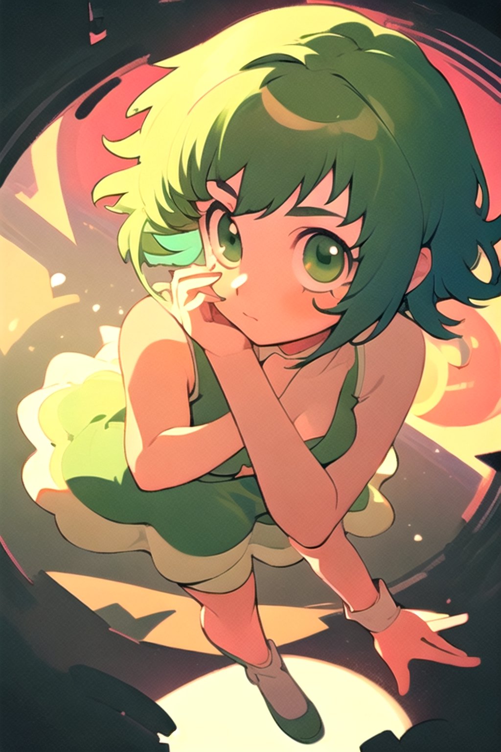 (best quality, masterpiece), soft lighting, dynamic upper angle, 1girl, Megpoid Gumi, beautiful short hair with two large bangs, beautiful detailed eyes, simple design, rounded boobs, upper view, green hair, green eyes, original detailed dress, cool pose, deep shadows in the eyes, cute face proportions,GUMI,Megpoid