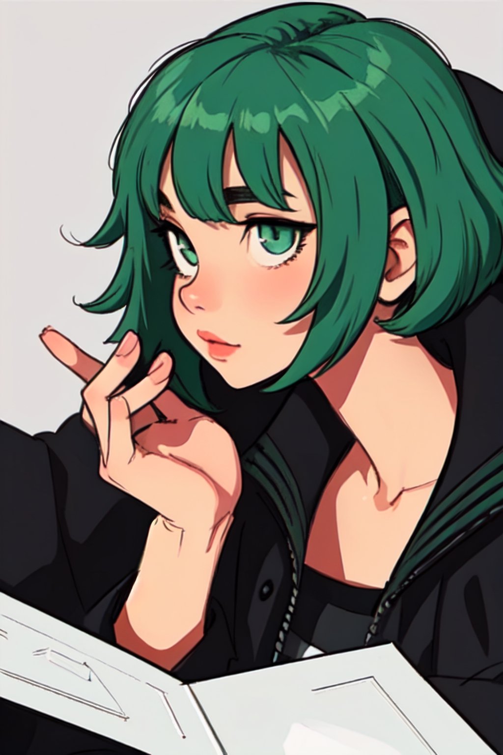 Megpoid Gumi ((short green hair)), ((black jacket)), portrait, good proportions, stunning body, good hands, deep shadows in the eyes, draw by SAM YANG