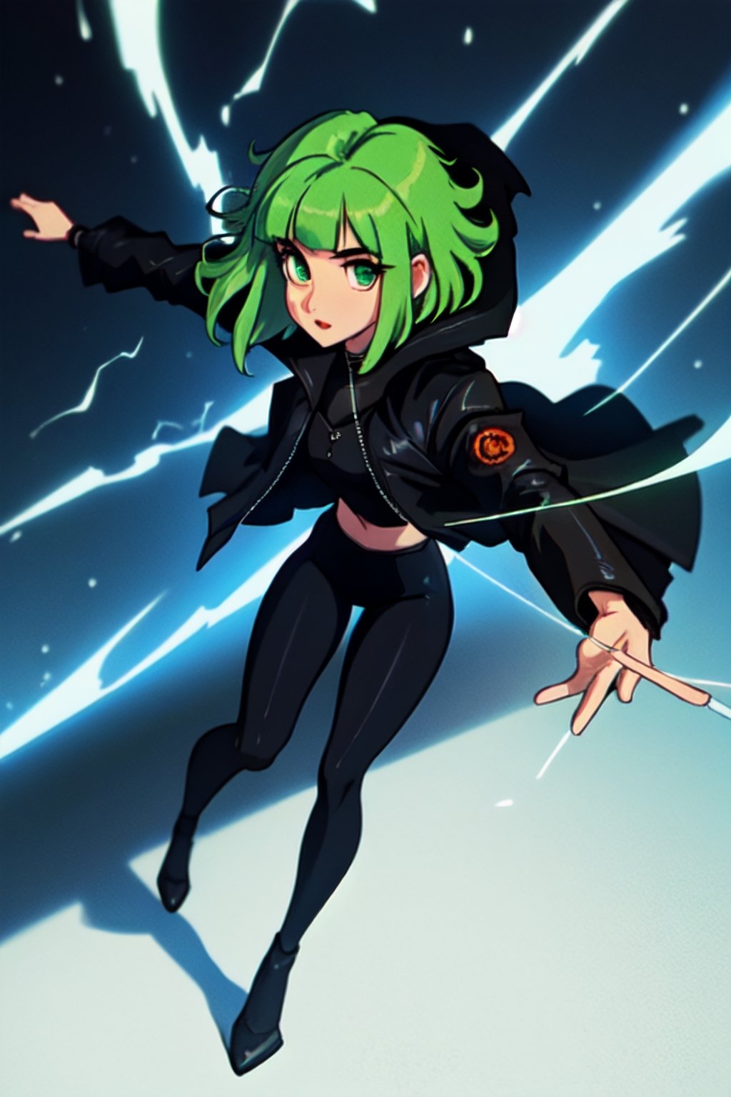 Megpoid Gumi ((short green hair)), ((black jacket)), dynamic pose, cinematic angle, full body, good proportions, stunning body, good hands, deep shadows in the eyes