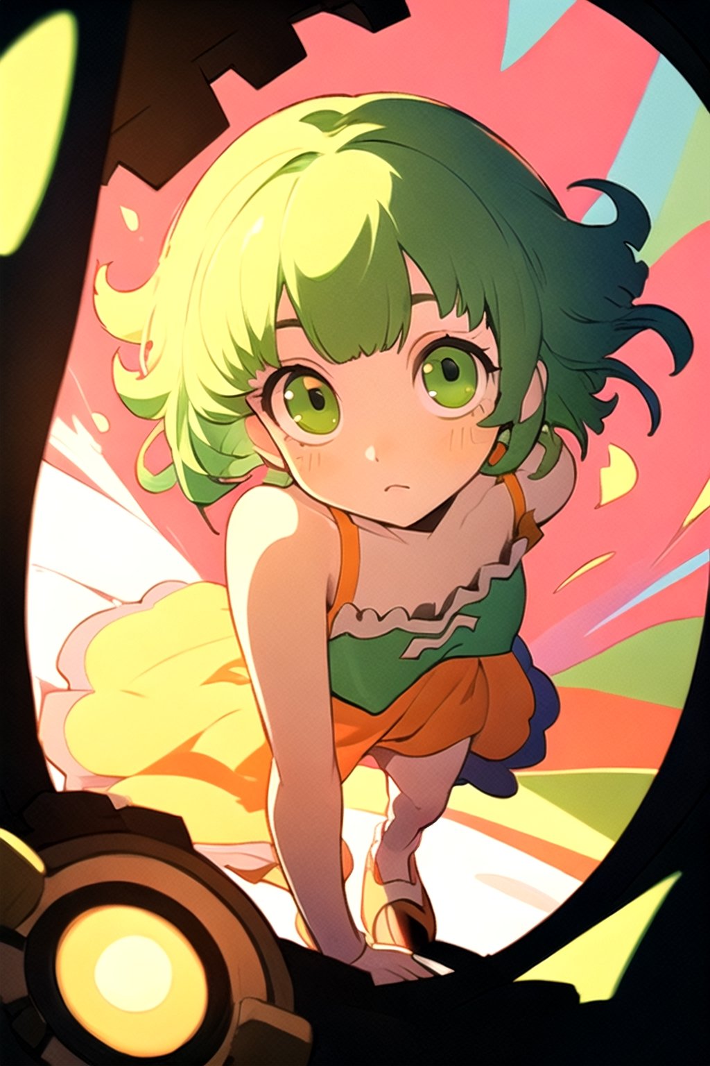 (best quality, masterpiece), soft lighting, dynamic upper angle, 1girl, Megpoid Gumi, beautiful short hair with two large bangs, beautiful detailed eyes, simple design, rounded boobs, upper view, green hair, green eyes, original detailed dress, cool pose, deep shadows in the eyes, cute face proportions,GUMI