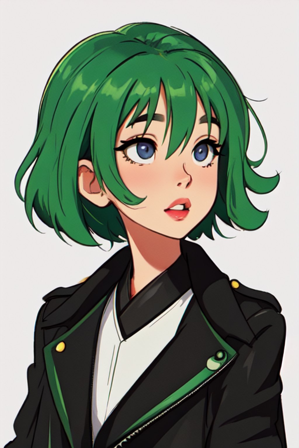 Megpoid Gumi ((short green hair)), ((black jacket)), portrait, good proportions, stunning body, good hands, deep shadows in the eyes, draw by SAM YANG