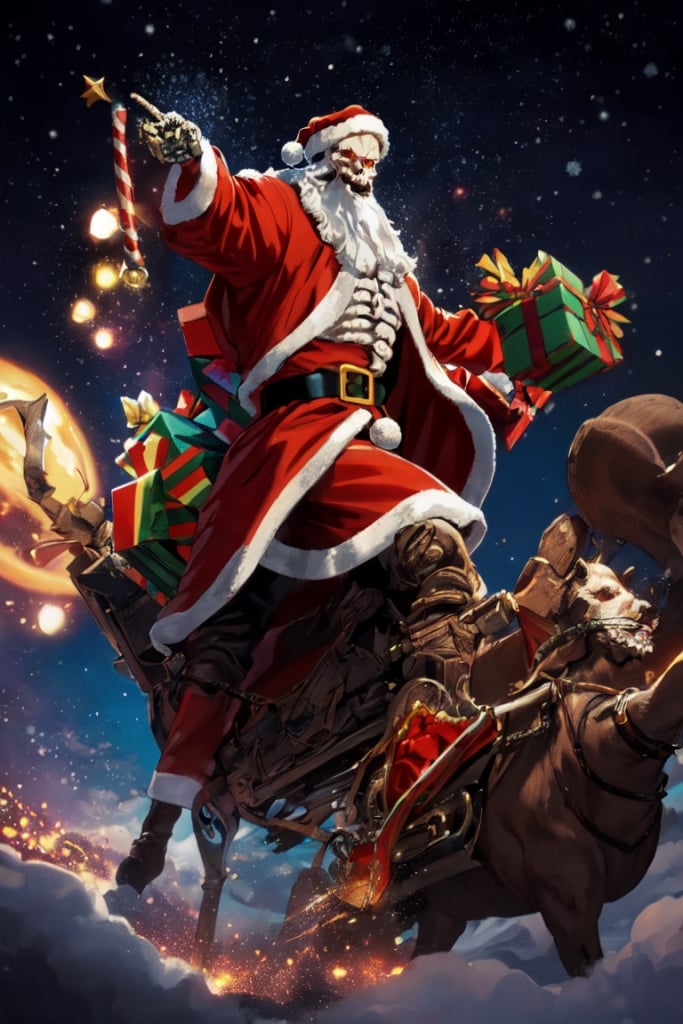 best quality,  Ainz, BoneDaddy, solo, 1boy, male focus, standing, long sleeves, skeleton, trench coat, full body,Santa Claus