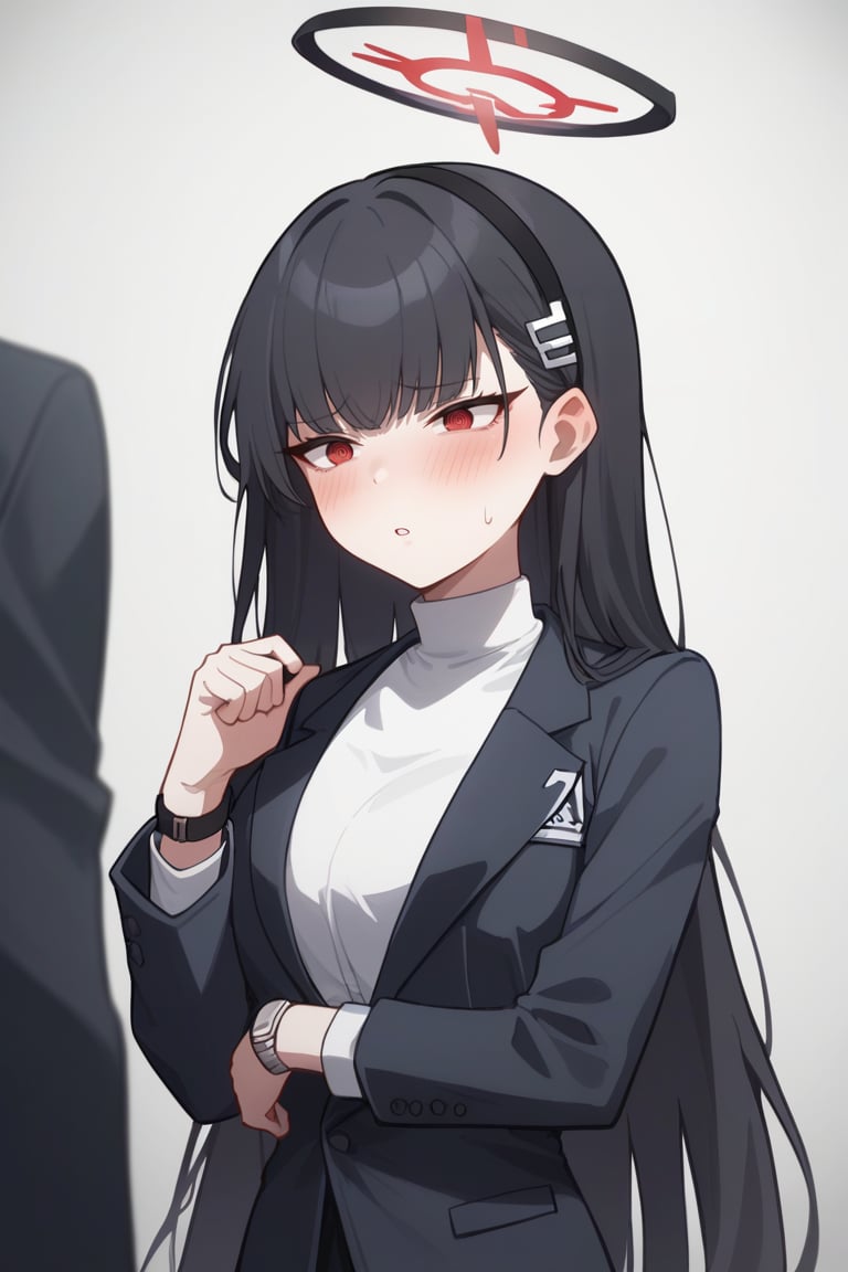 (score_9, score_8_up), score_7_up, anime, sharp focus, absurdres, highres, illustration, depth of field, rio \(blue archive\),1girl, solo, blush, halo, wristwatch, white_background, simple_background, @_@, jacket, parted_lips, formal, suit, turtleneck_sweater, solo_focushalo, red eyes