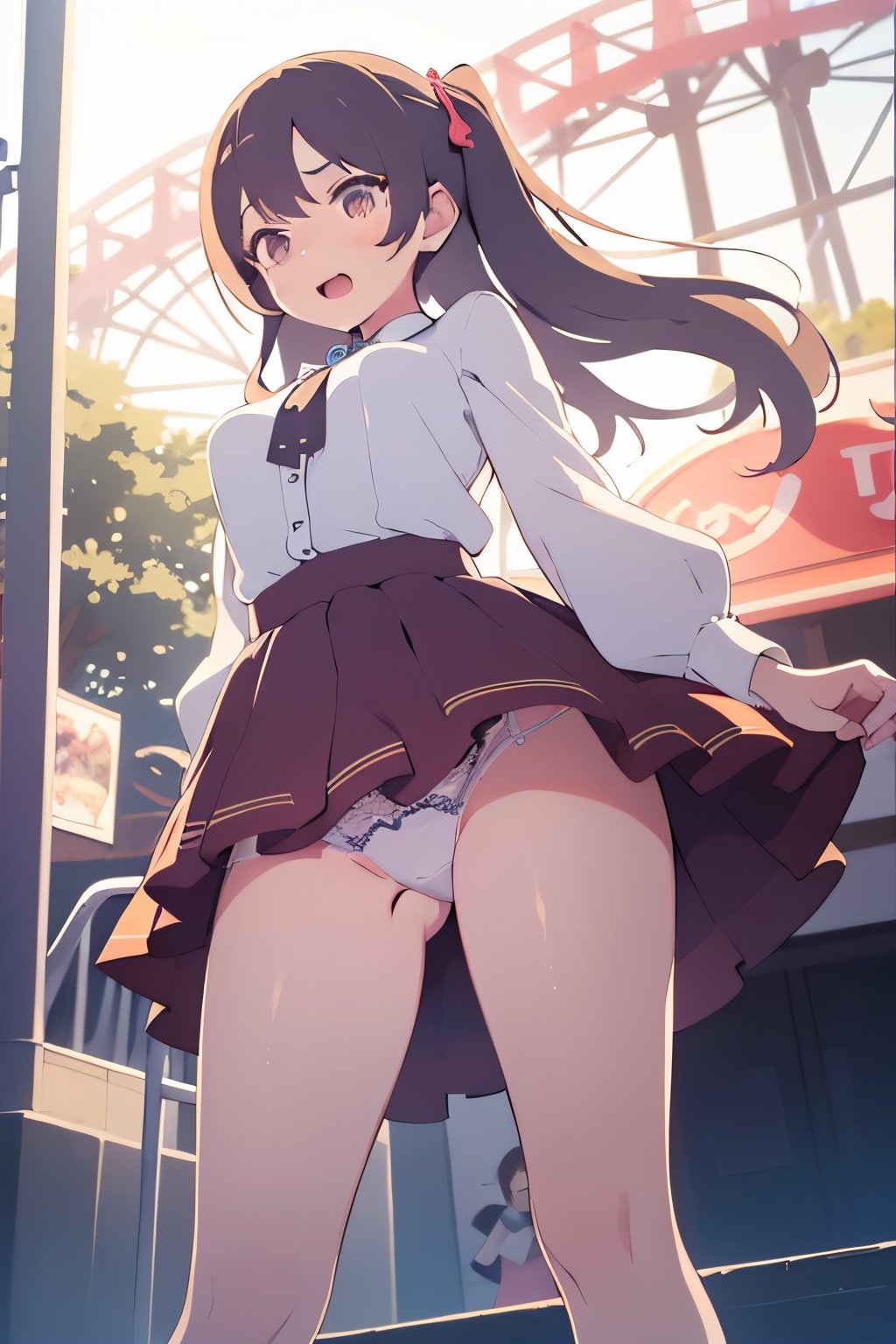 (illustration:1.3)(animation:1.3)2girls,yuri,medium breasts,aroused,blouse,frilled skirt,Lace Panties,from below,amusement park.