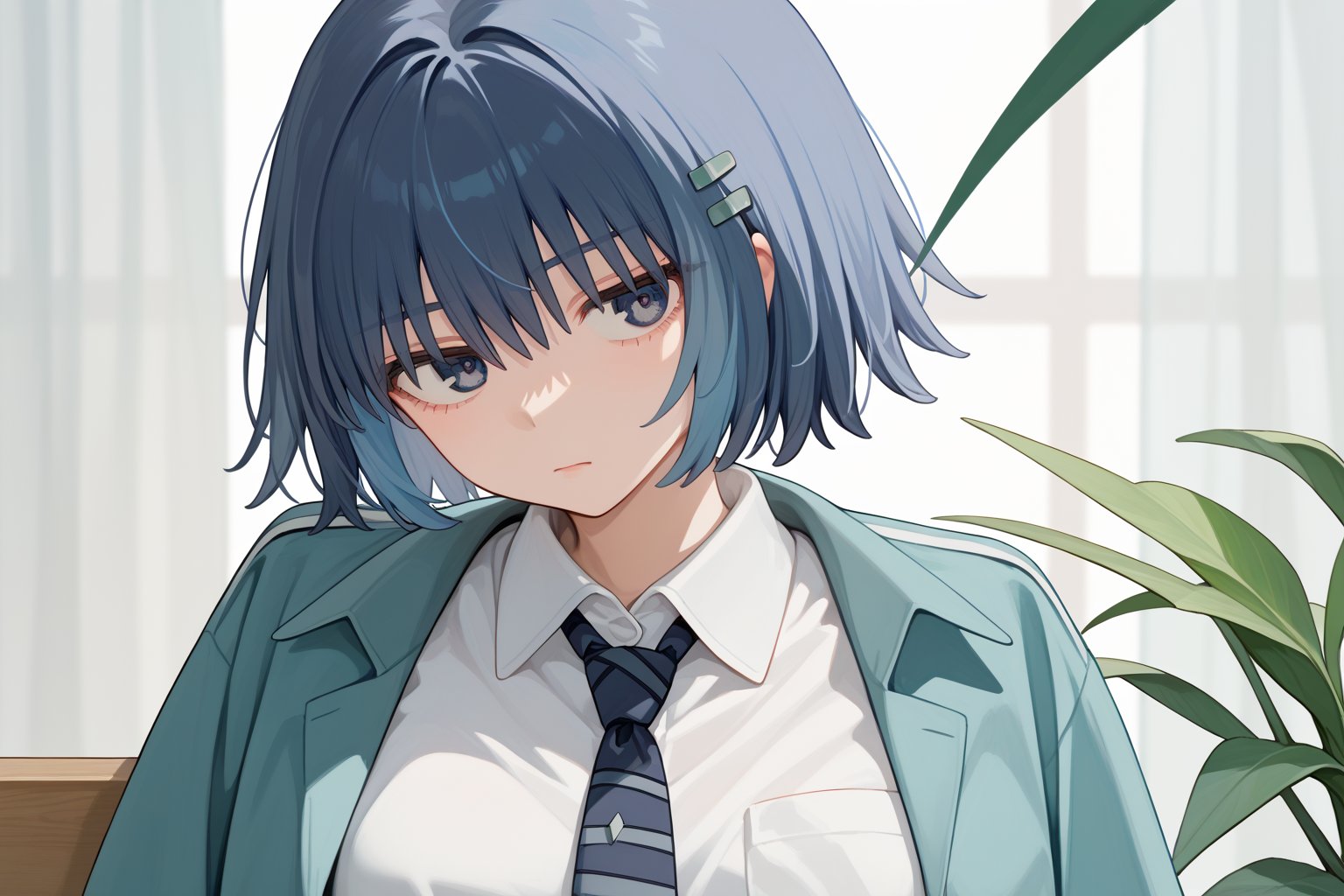 score_9_up,score_8_up, source_anime,solo,1girl, , short hair, closed mouth, blue hair, collared_shirt,white_shirt,tie,Nira-Chan