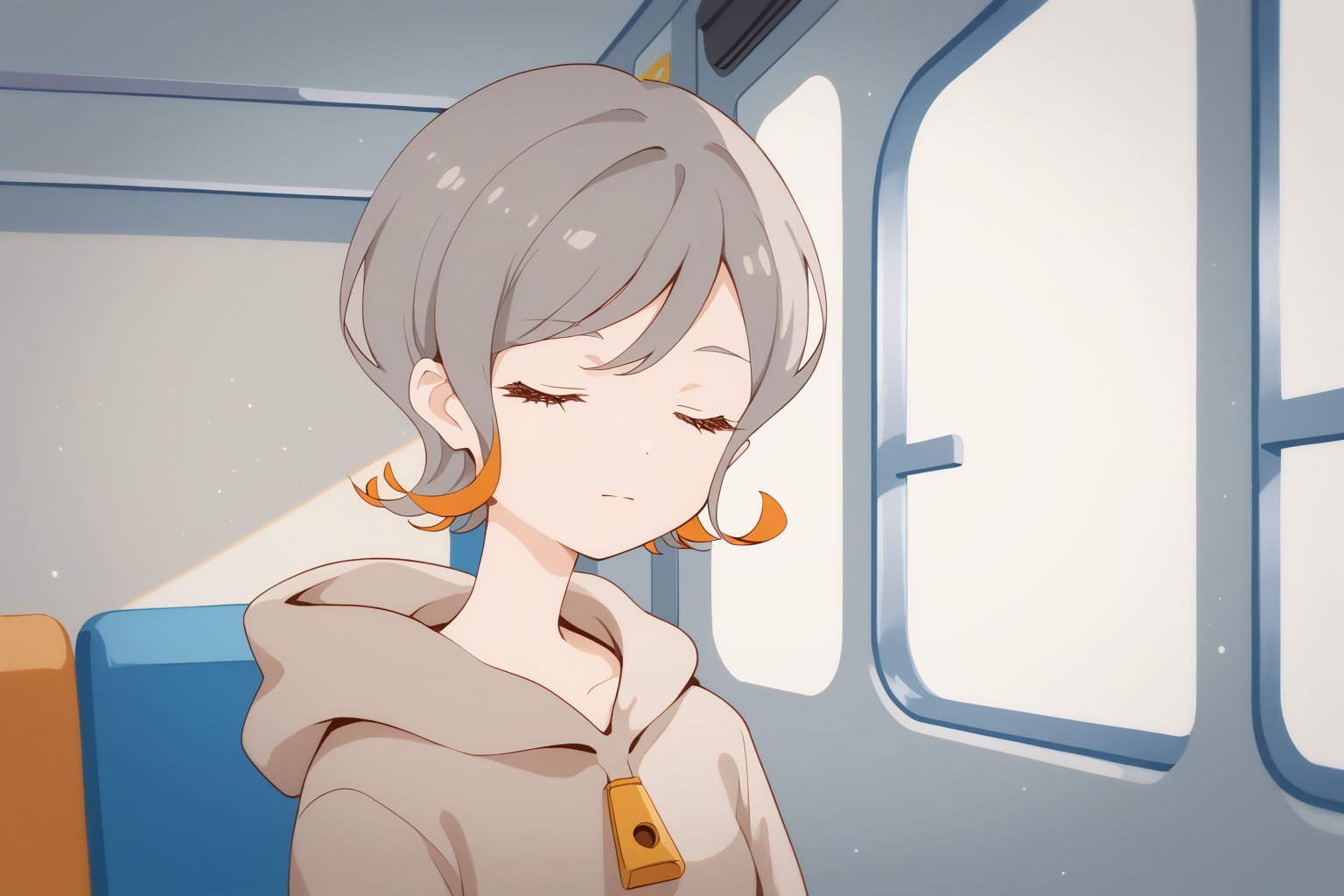 score_9_up,score_8_up, source_anime,spot_colors,solo,1girl,short-hair,multicolor_hair,two-tone-hair,grey_hair,orange_hair,bangs,Nira-Chan,brown_hair,grey_hoodie,grey_background,train,indoors, window,((upper_body,portrait)),closed_eyes,