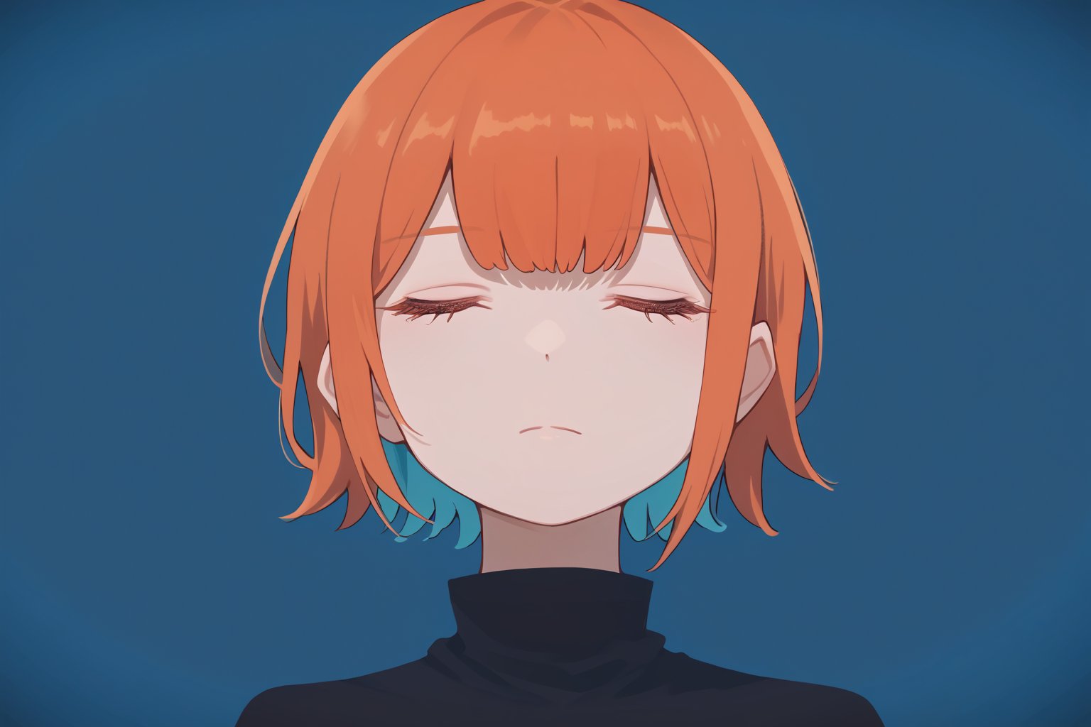 score_9_up,score_8_up, source_anime,solo,1girl ,Orange hair,expressionless,cyan background, upper_body,Nira-Chan,
, Nira-Chan-StudyMe,closed_eyes