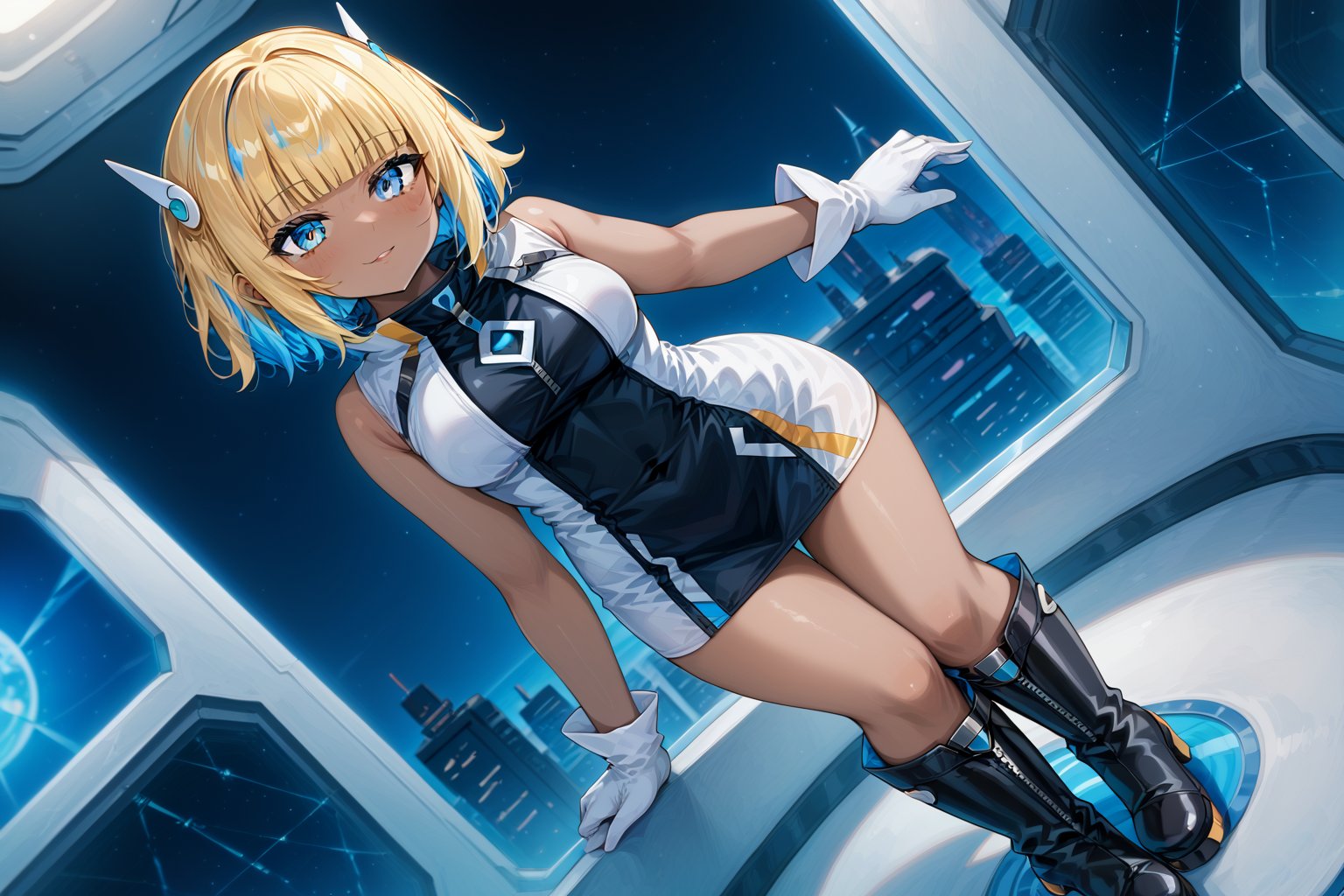 score_9_up,score_8_up, source_anime,solo,1girl,short-hair,blonde hair,blue hair,multicolored hair,two-tone hair,gloves,standing,sleeveless,white gloves,blue eyes,bangs,blunt_bangs,short dress,dancing,knee boots,black footwear,boots,dutch_angle,emotionless,dark-skinned female,indoors,spaceship inside,Nira-Chan