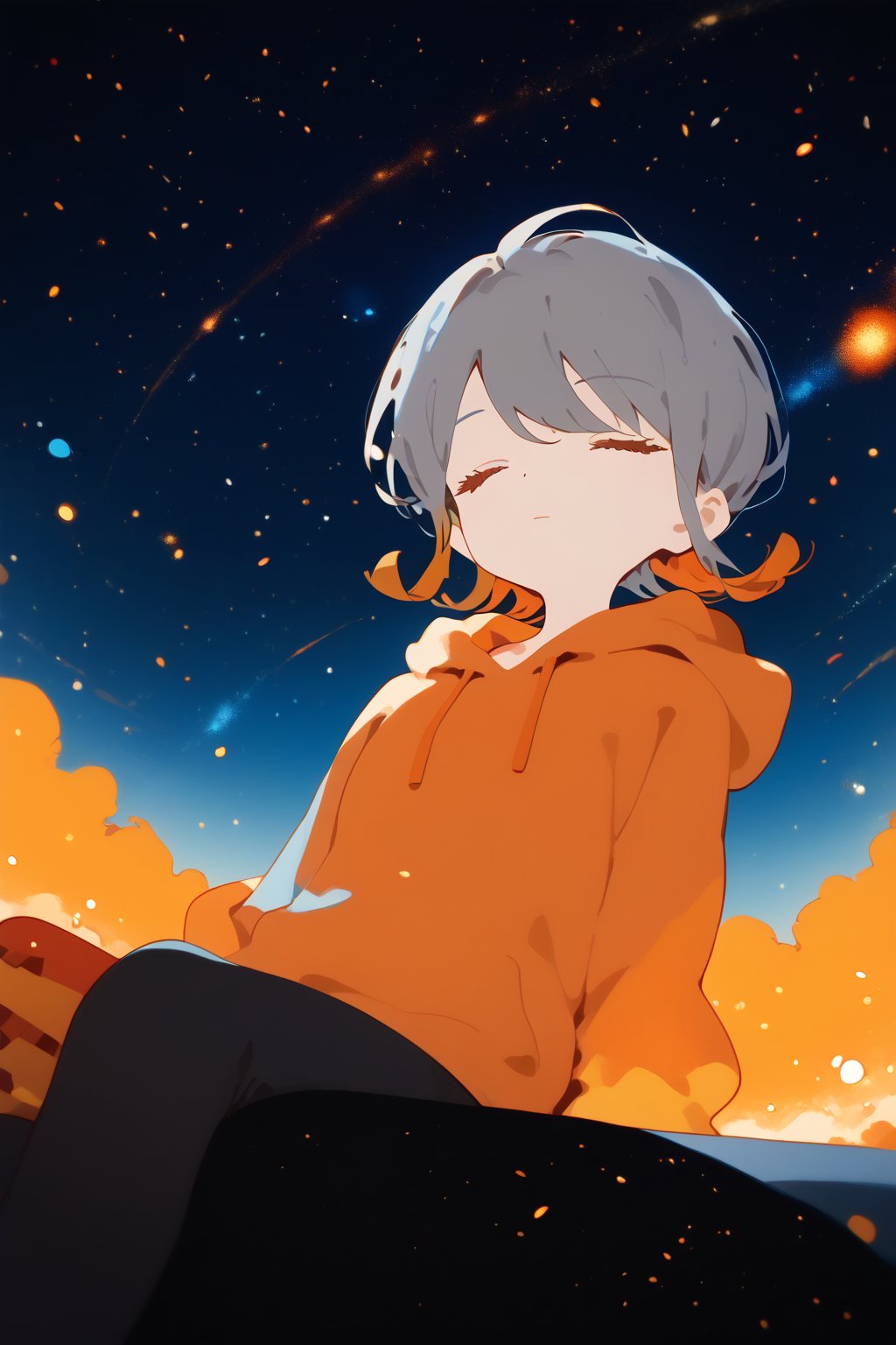 ,solo,1girl,short-hair,multicolor_hair,two-tone-hair,(grey_hair),orange_hair,bangs,cowboy_shot,grey_hoodie,pants,dutch_angle,from_below,night,sitting,orange_eyes,particles,orange sky,background detail,sleeping,


,Nira-Chan,Colorful art,Vivid Colors,spot_colors, score_9, score_8, score_7, score_6