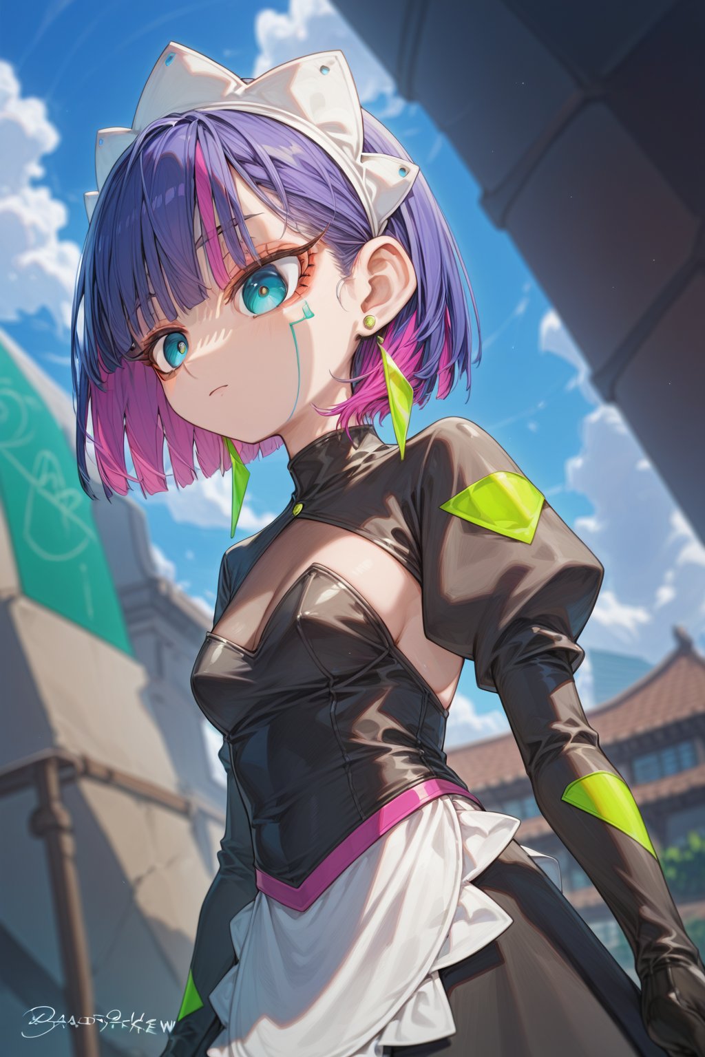 score_9_up,score_8_up, source_anime,solo,1girl, short hair, gloves, purple hair, multicolored hair, black gloves, maid headdress, earrings,, dutch_angle,standing, from below, Nira-Chan