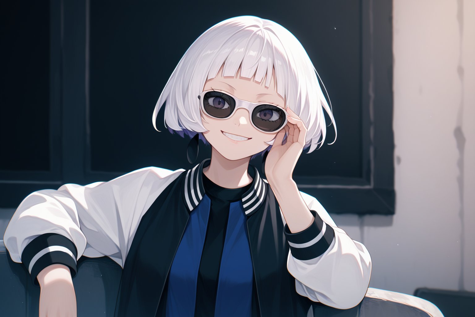 score_9_up,score_8_up, source_anime,solo,1girl,short-hair,bangs,dress,white_hair,blunt_bangs,evil_smile,jacket,jacket, letterman_jacket,indoors,sunglasses,adjusting eyewear,Nira-Chan