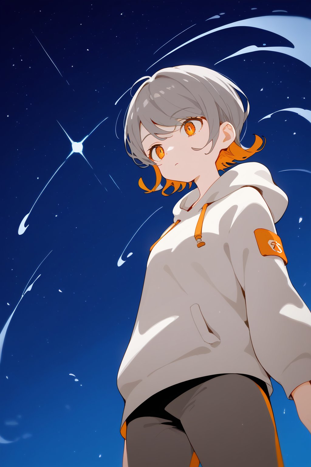 score_9_up,score_8_up, source_anime,spot_colors,solo,1girl,short-hair,multicolor_hair,two-tone-hair,grey_hair,orange_hair,bangs,Nira-Chan,cowboy_shot,grey_hoodie,pants,dutch_angle,from_below,night,