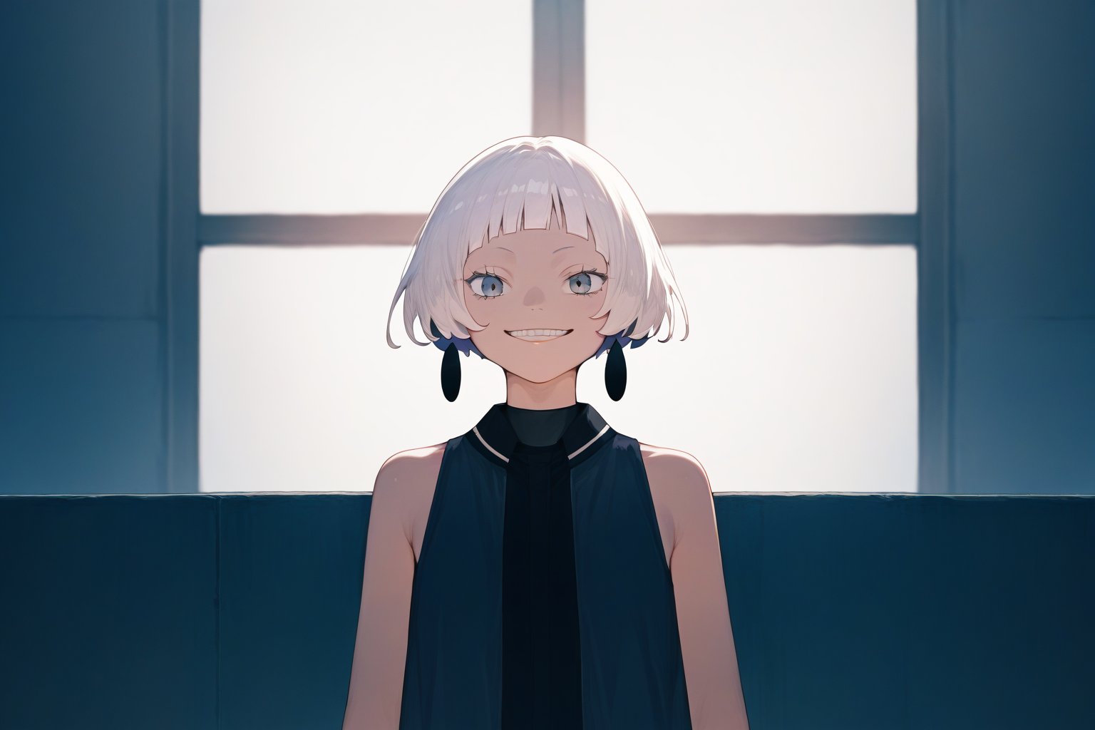 score_9_up,score_8_up, source_anime,solo,1girl,short-hair,bangs,dress,white_hair,blunt_bangs,evil_smile,indoors,Nira-Chan,off_shoulders,sleeveless