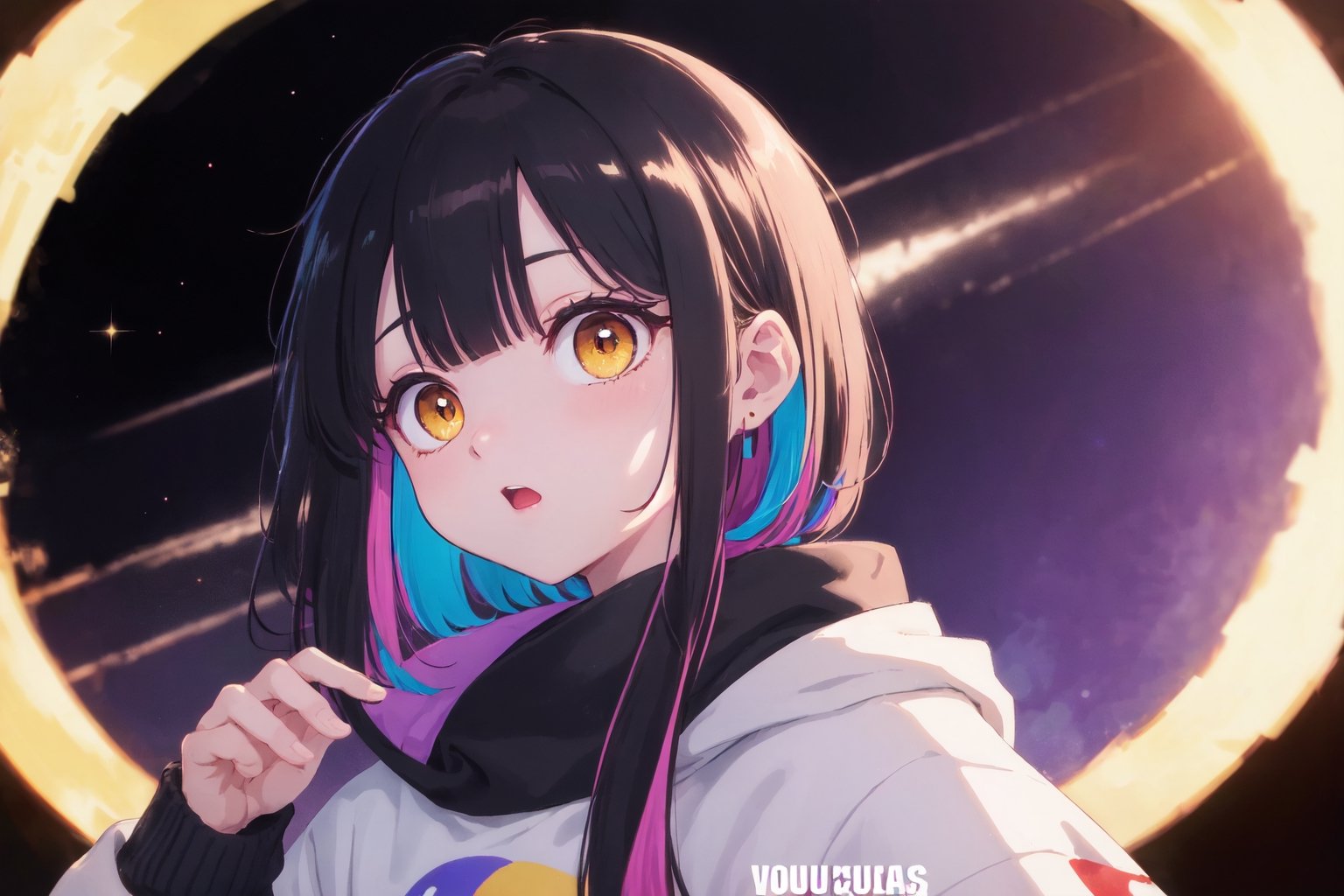 (Original Character, Highest Quality, Amazing Details:1.25),Volumetric Lighting, Best Shadows, Shallow Depth of Field,solo,1girl,

, yellow eyes, black hair, colorful_hair,upper_body,sweater,space,stars,void,
,hanabushi,