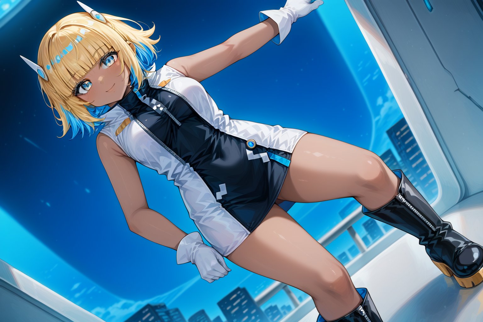 score_9_up,score_8_up, source_anime,solo,1girl,short-hair,(blonde hair),blue hair,multicolored hair,two-tone hair,gloves,standing,sleeveless,white gloves,blue eyes,bangs,blunt_bangs,short dress,dancing,knee boots,black footwear,boots,dutch_angle,emotionless,dark-skinned female,indoors,spaceship inside,Nira-Chan