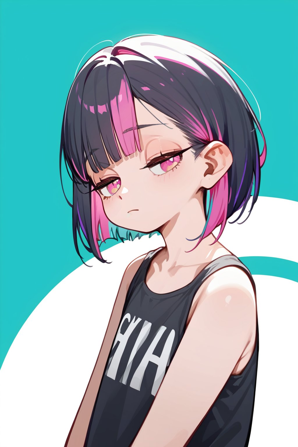 score_9_up,score_8_up, source_anime, (solo),1girl,(cyan_background),

 ,short hair, blunt bangs, black hair, closed mouth, pink eyes, purple hair, multicolored hair, two-tone hair,half closed eyes,cowboy_shot,

,Nira-Chan-StudyMe,