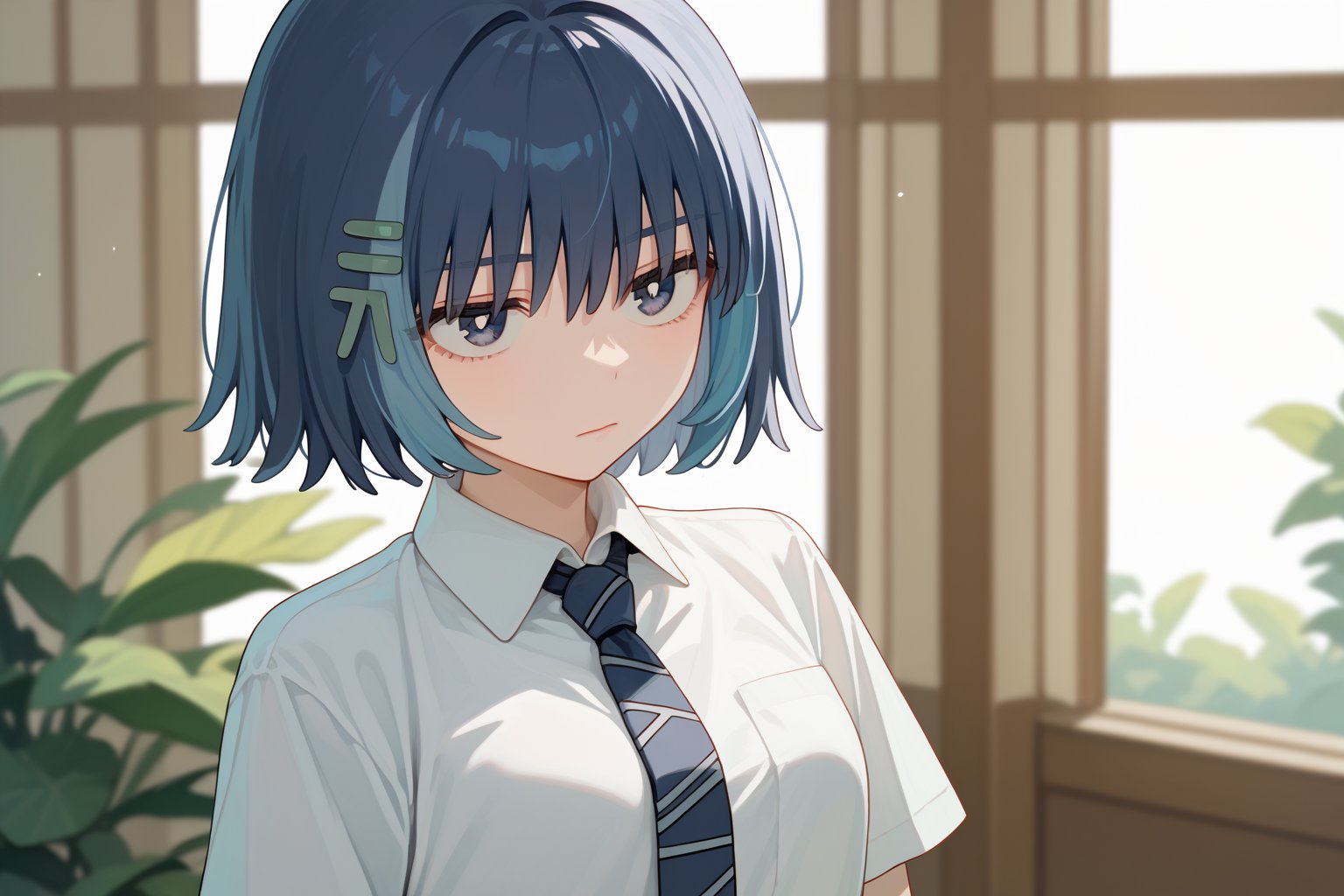 score_9_up,score_8_up, source_anime,solo,1girl, , short hair, closed mouth, blue hair, collared_shirt,white_shirt,tie,Nira-Chan