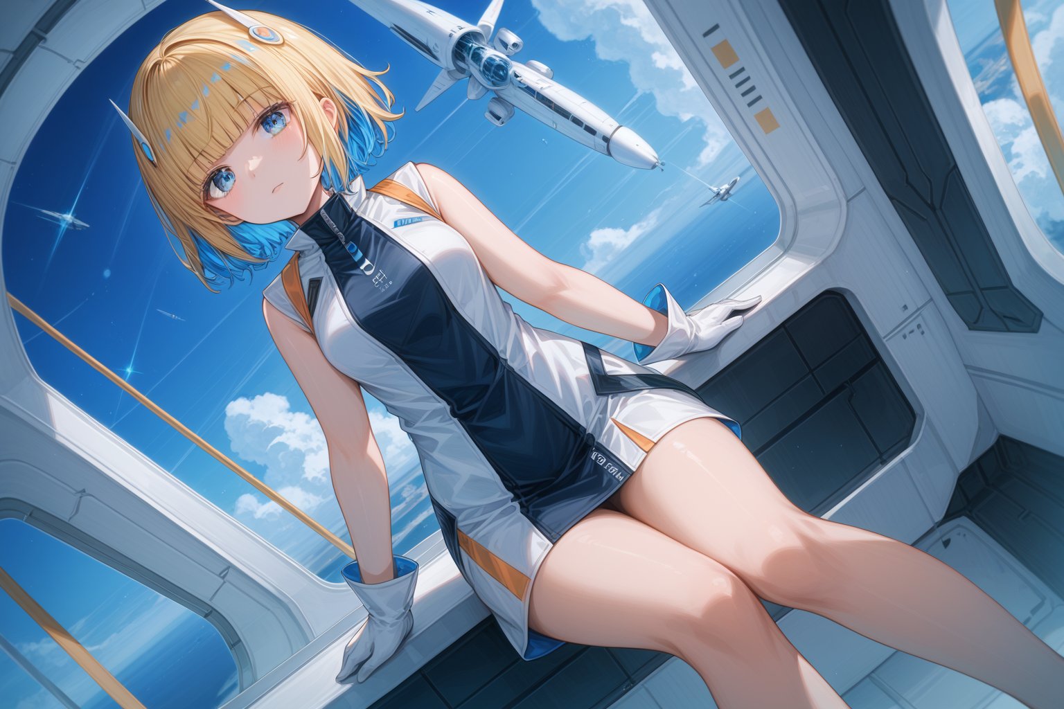 score_9_up,score_8_up, source_anime,solo,1girl,short-hair,blonde hair,blue hair,multicolored hair,two-tone hair,gloves,standing,sleeveless,white gloves,blue eyes,bangs,blunt_bangs,short dress,indoors, spaceship interior,dutch_angle,sitting,emotionless,sailing spaceship,Nira-Chan