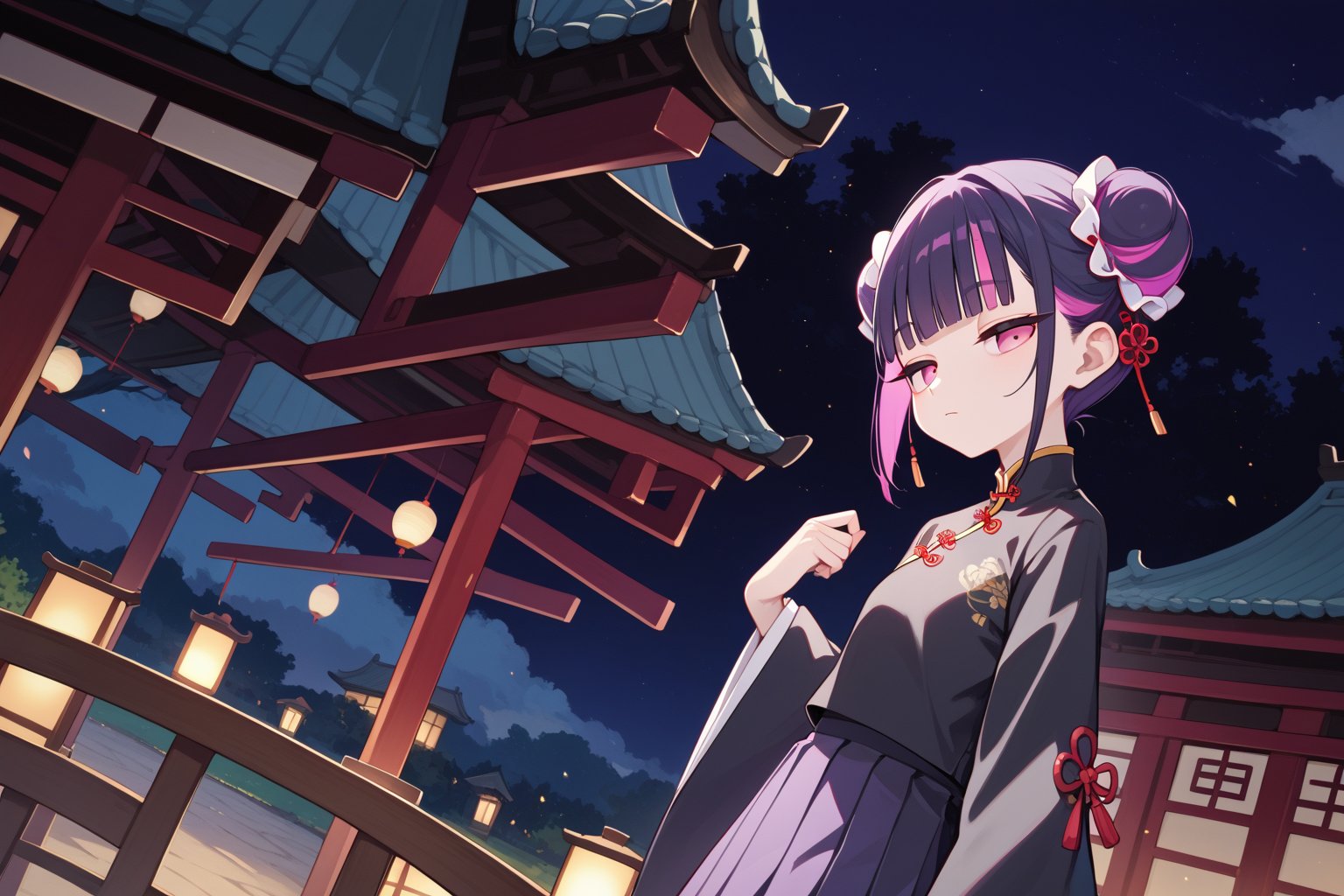 score_9_up,score_8_up, source_anime, (solo),1girl, dutch angle,three quarter view,night, ,short hair, blunt bangs, black hair, closed mouth, pink eyes, purple hair, multicolored hair, two-tone hair,half closed eyes,skinny,hair_bun,double bun,chinese clothes,wide sleeves,pleated skirt,long sleeves,(shirt,black shirt),skirt,dress, ,Nira-Chan-StudyMe,scenery
